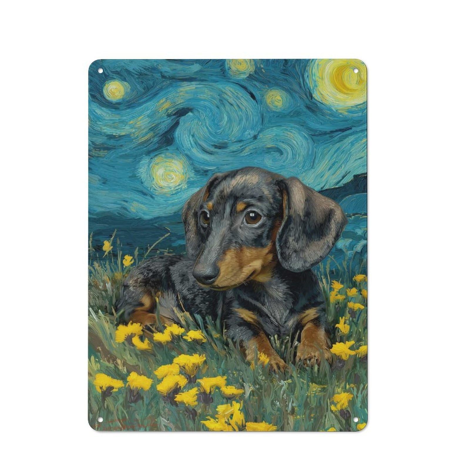 Junmoney Style-10 Dachshund Puppy In Starry Night Style Retro-Style Tin Sign 40X30cm For Home Bar Wall, With Clear Retro Wall Decor Character