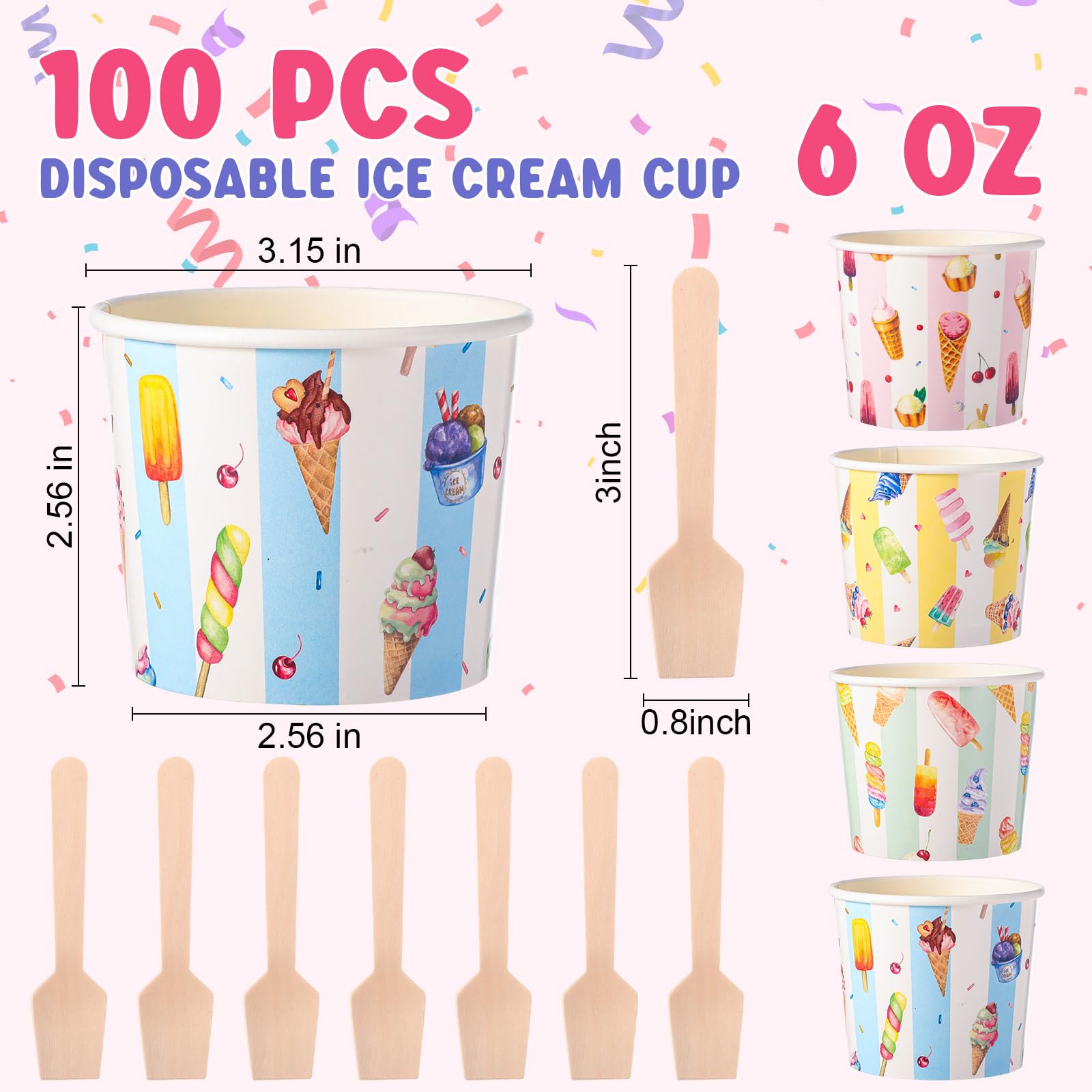 Juego de 100 tazas de helado de 6 onzas a granel con cucharas, cuencos desechables de postre coloridos para alimentos calientes o fríos, recipientes de Sundae, suministros de fiesta para