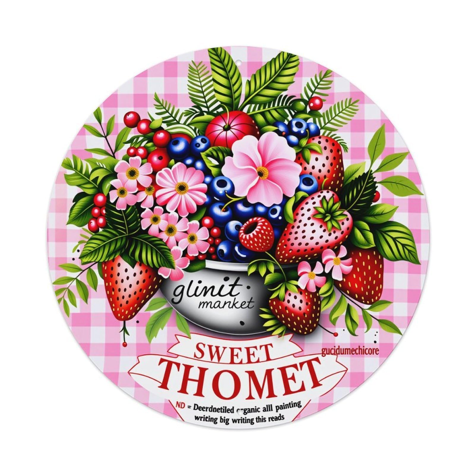 Fruit Flowers Leaves Berries Strawberry Blueberry Pink Checkered Background Round Vintage Tin Sign,Retro Wall Art,Metal Poster for Home, Bar, Garage, Cafe, Rustic Indoor & Outdoor Decor, 8x8 Inches
