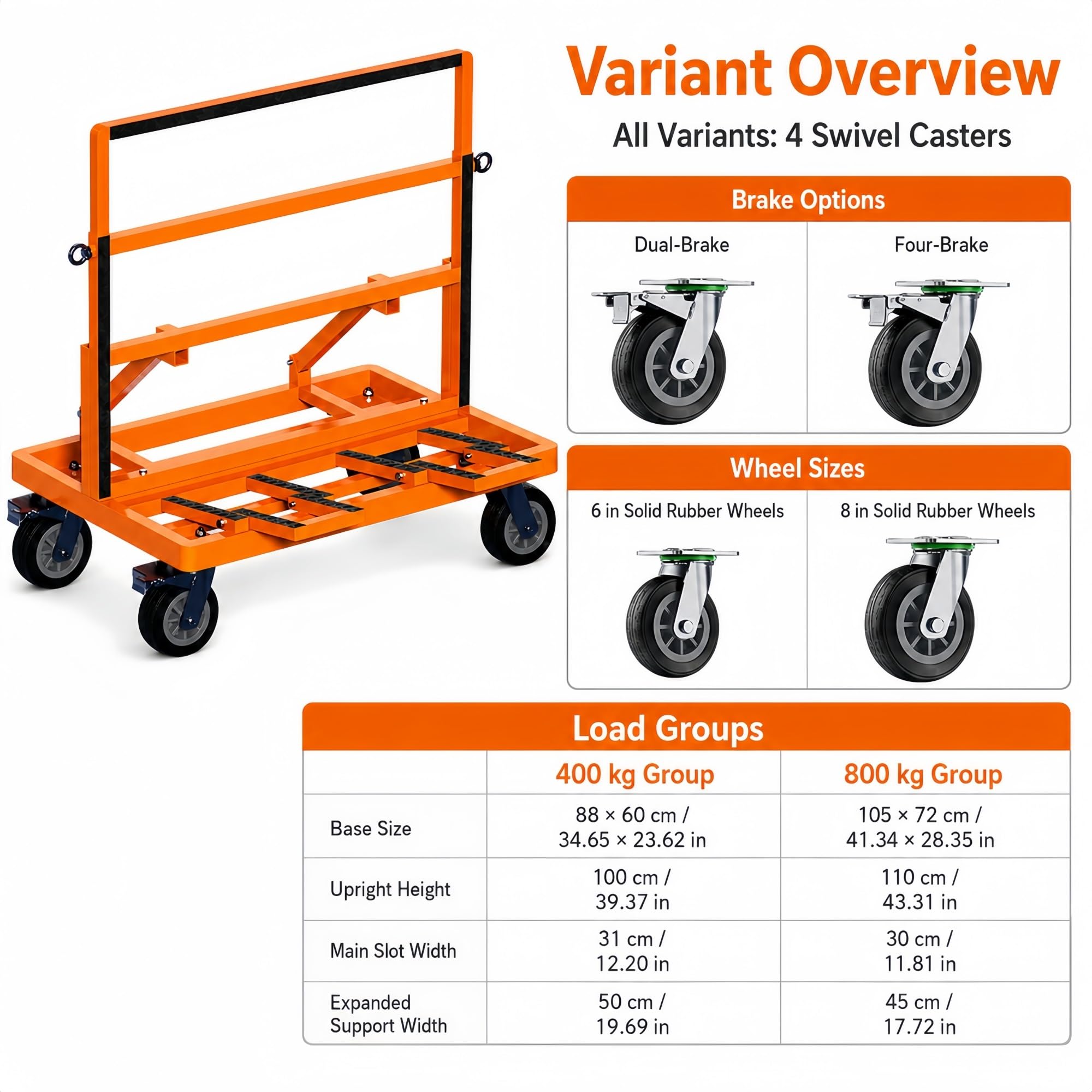 Erweiterbarer Transportwagen for Glas- Und Steinplatten | Plattenwagen Mit Klappbarer Seitenstütze Und Gummikontaktpads(6IN 4BRAKE,800kg/1760lb)