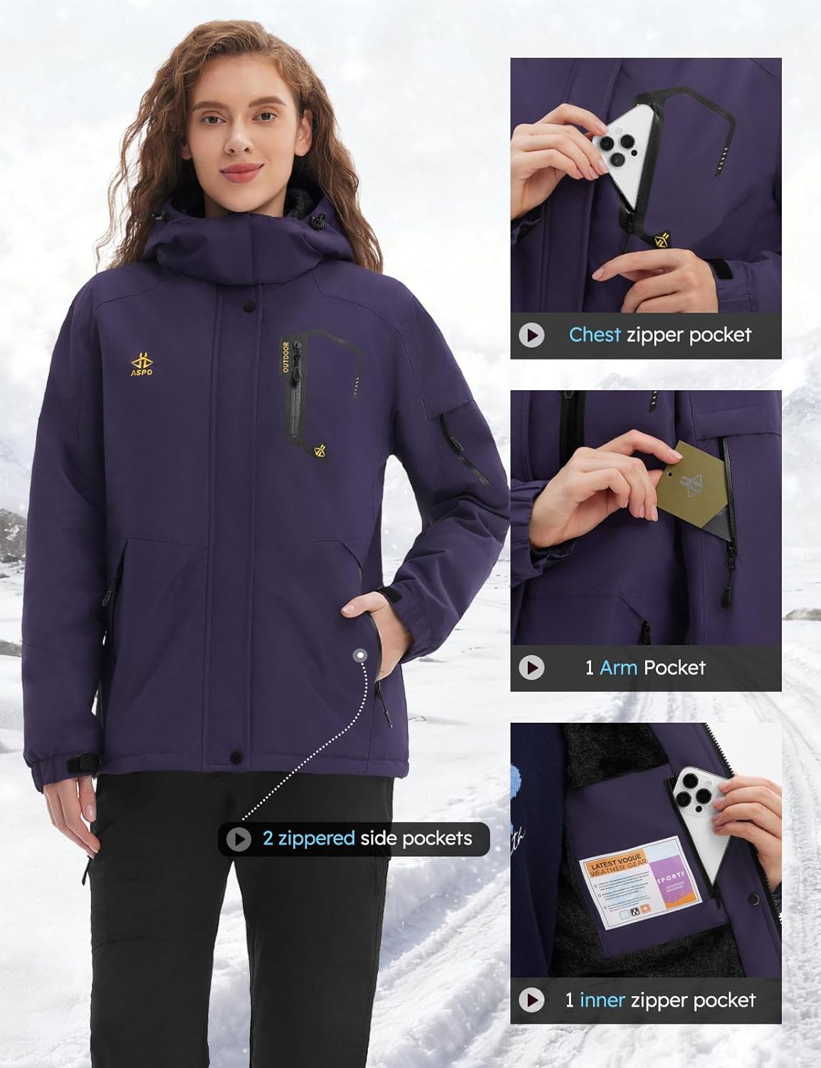 ASPO Women's Ski Jacket Waterproof Winter Jacket Insulated Warm Fleece Lined Windproof Snow Coats with Hood Snowboarding