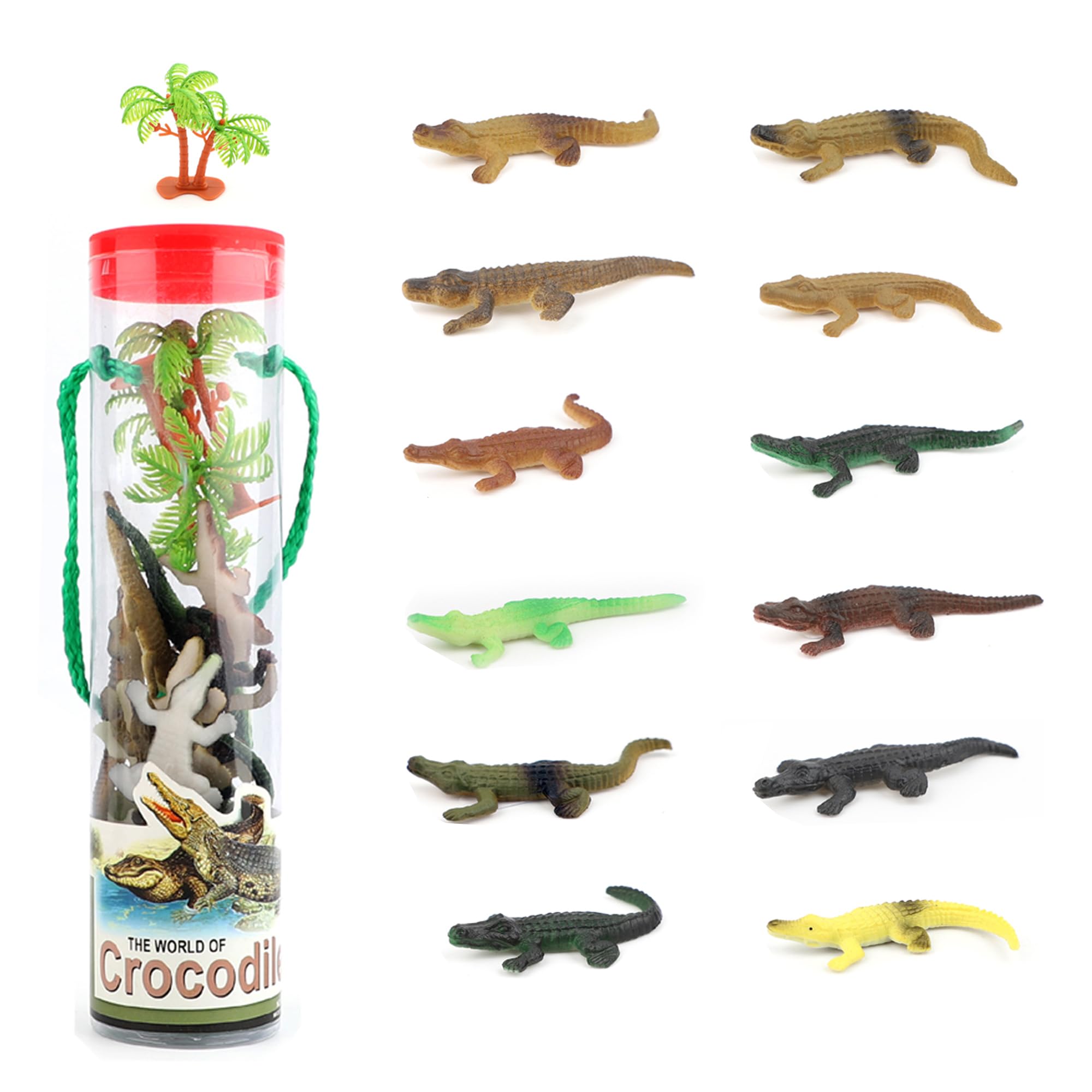 MACMERISE Galaxy Crocodile Kingdom Adventure Set - 14 Pieces | Realistic Crocodile Figures with Palm Tree Accessories in Portable Container