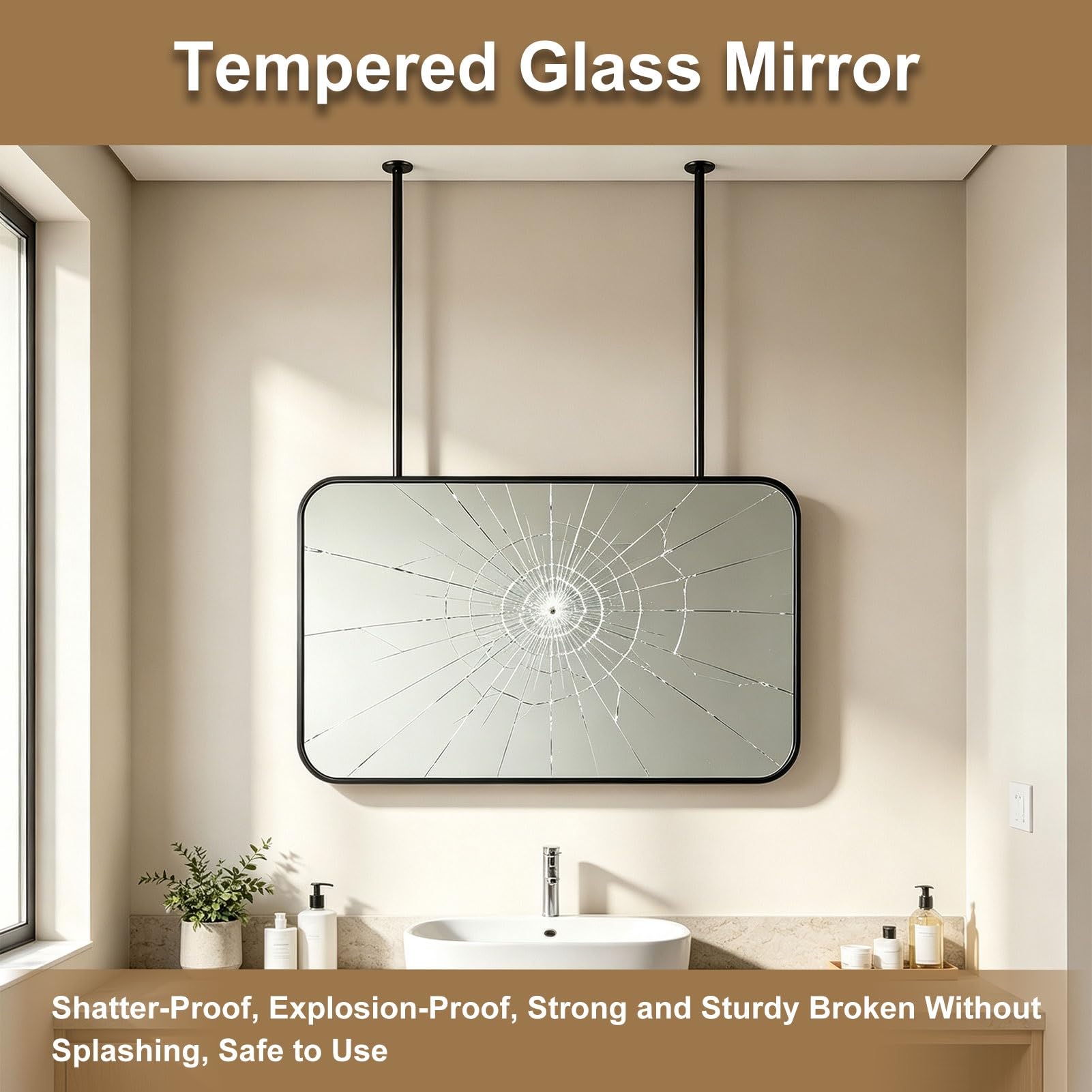 Luyckfrazy Specchio con asta sospesa rettangolare arrotondata montato a soffitto, specchi sospesi decorativi per il piano del tavolo dell'ingresso del soggiorno(40cmx70cm)