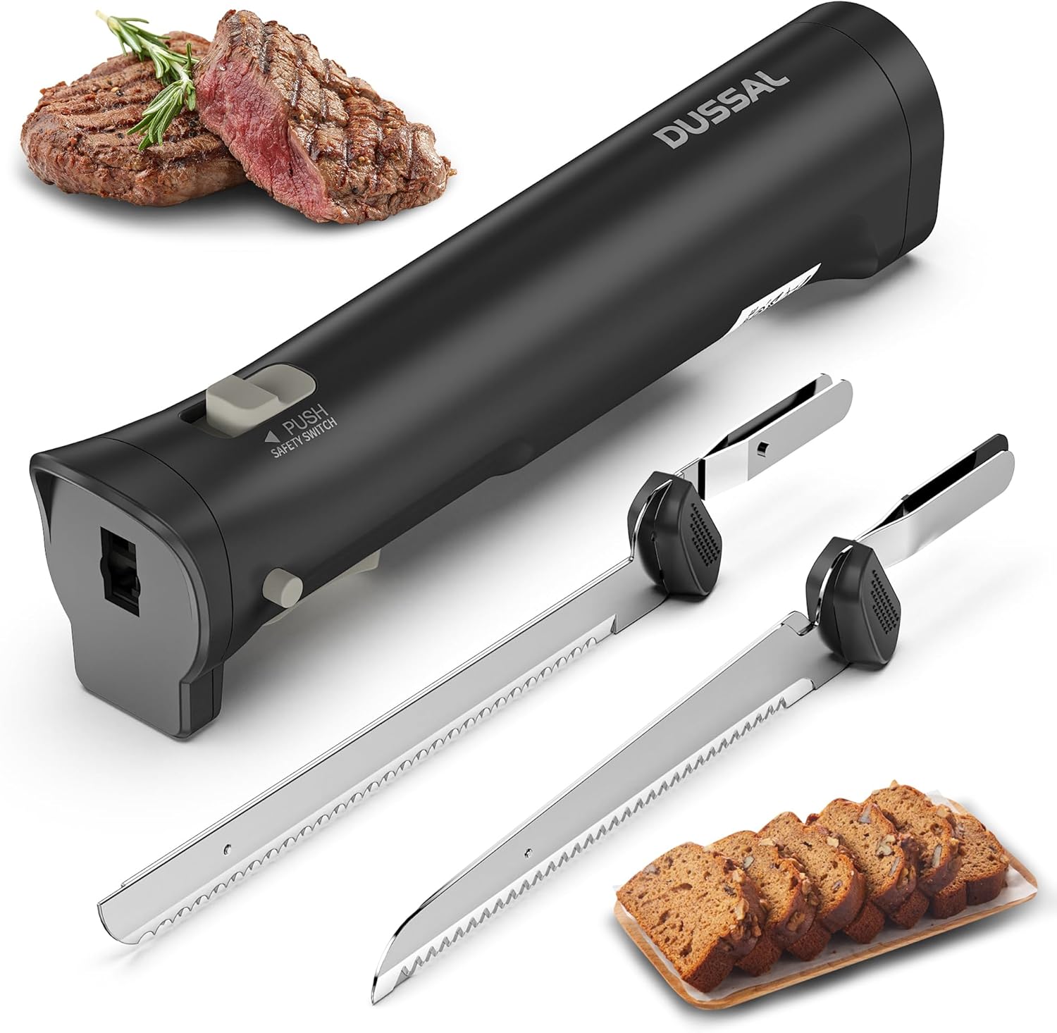 DUSSAL Cordless Electric Knife, Electric Bread Knife with 4 Stainless Steel Blades, Safety Lock Switch, Blade Release Buttons, On/Off button, Carving Meats, Fish, Poultry, Bread, Cheese & More (Black) DUSSAL Cordless Electric Knife, Electric Bread Knife with 4 Stainless Steel Blades, Safety Lock Switch, Blade Release Buttons, On/Off button, Carving Meats, Fish, Poultry, Bread, Cheese & More (Black)