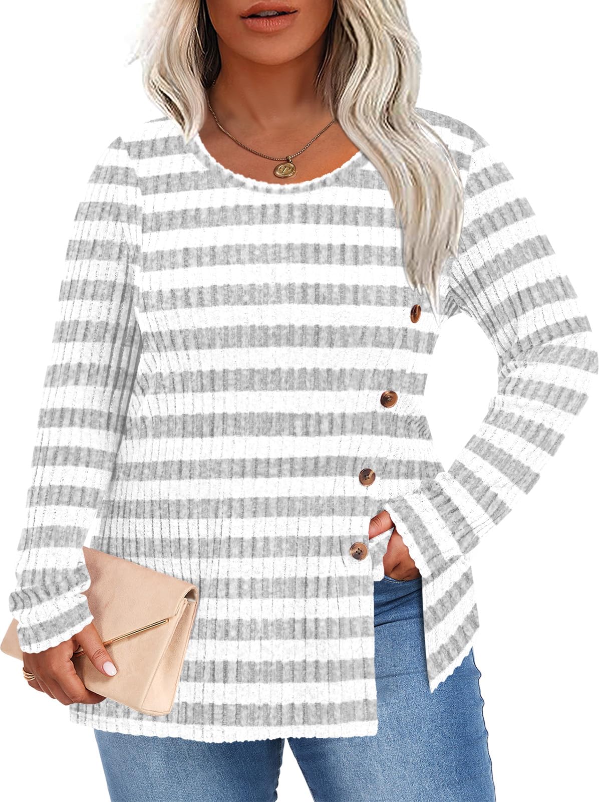 HOTGIFT Women Plus Size Top Knit Long Sleeve Sweater Button Tunic XL-5XL