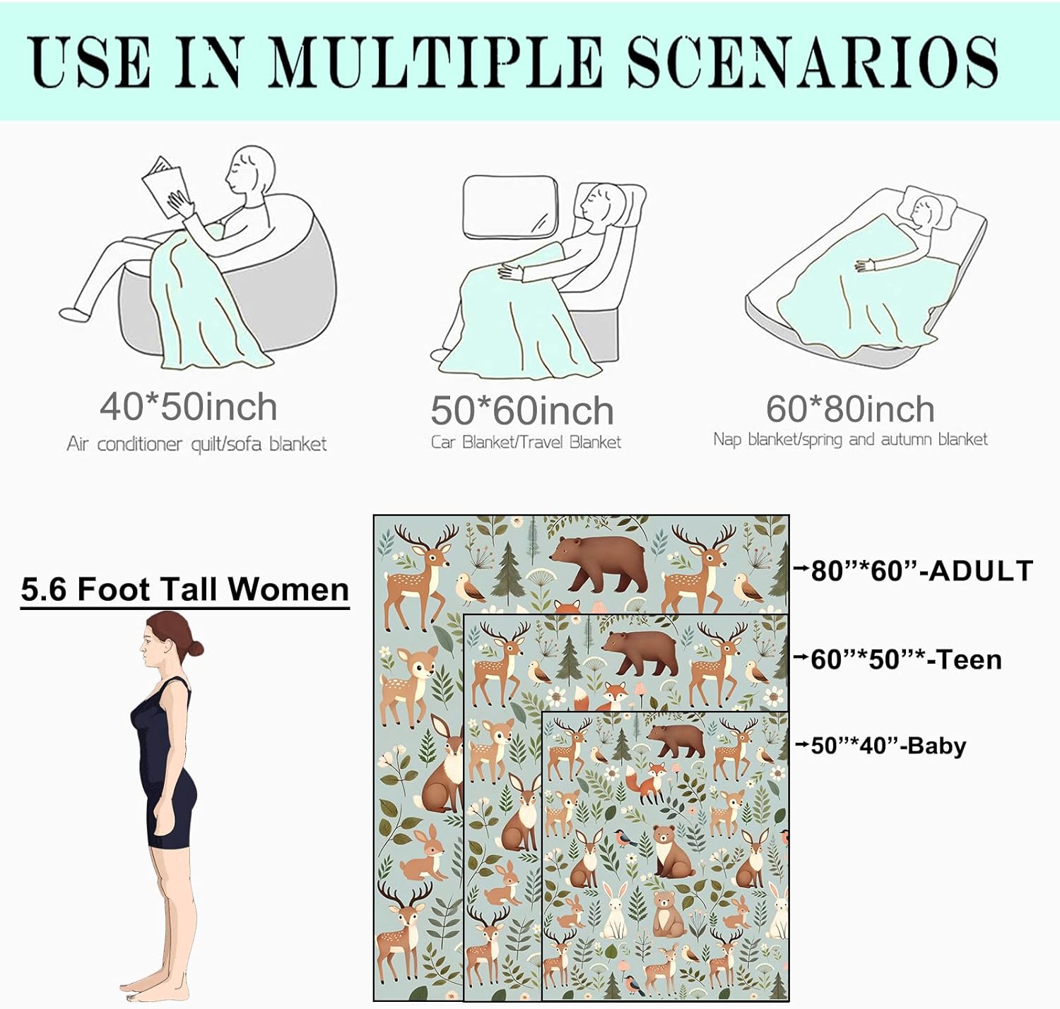 Woodland Animal Fleece Blanket - 50x60in Cute Deer Bear Fox and Bird Throw Blankets,Soft Cozy Lightweight, Ideal for Living Room Home Rustic Spring Decor and Kids Women Girls Gifts