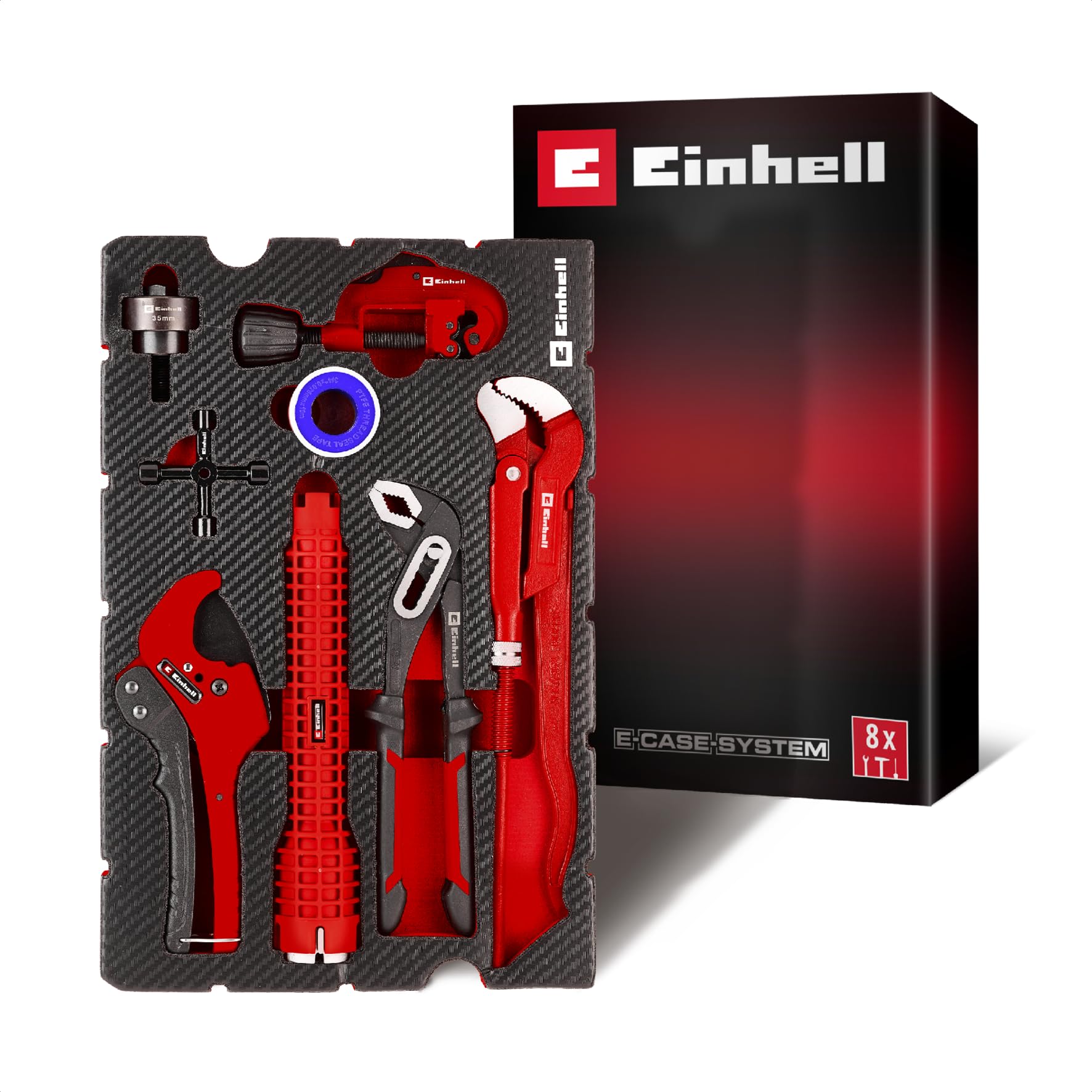 Original Einhell E-Case Pad 8-tlg. Sanitärinstallation (Klempner-Set, Rohrschneider, Multifunktions-Beckenschlüssel, Blechstanze, Schaltschrankschlüssel, Isolierband, Zangen, E-Case-System)