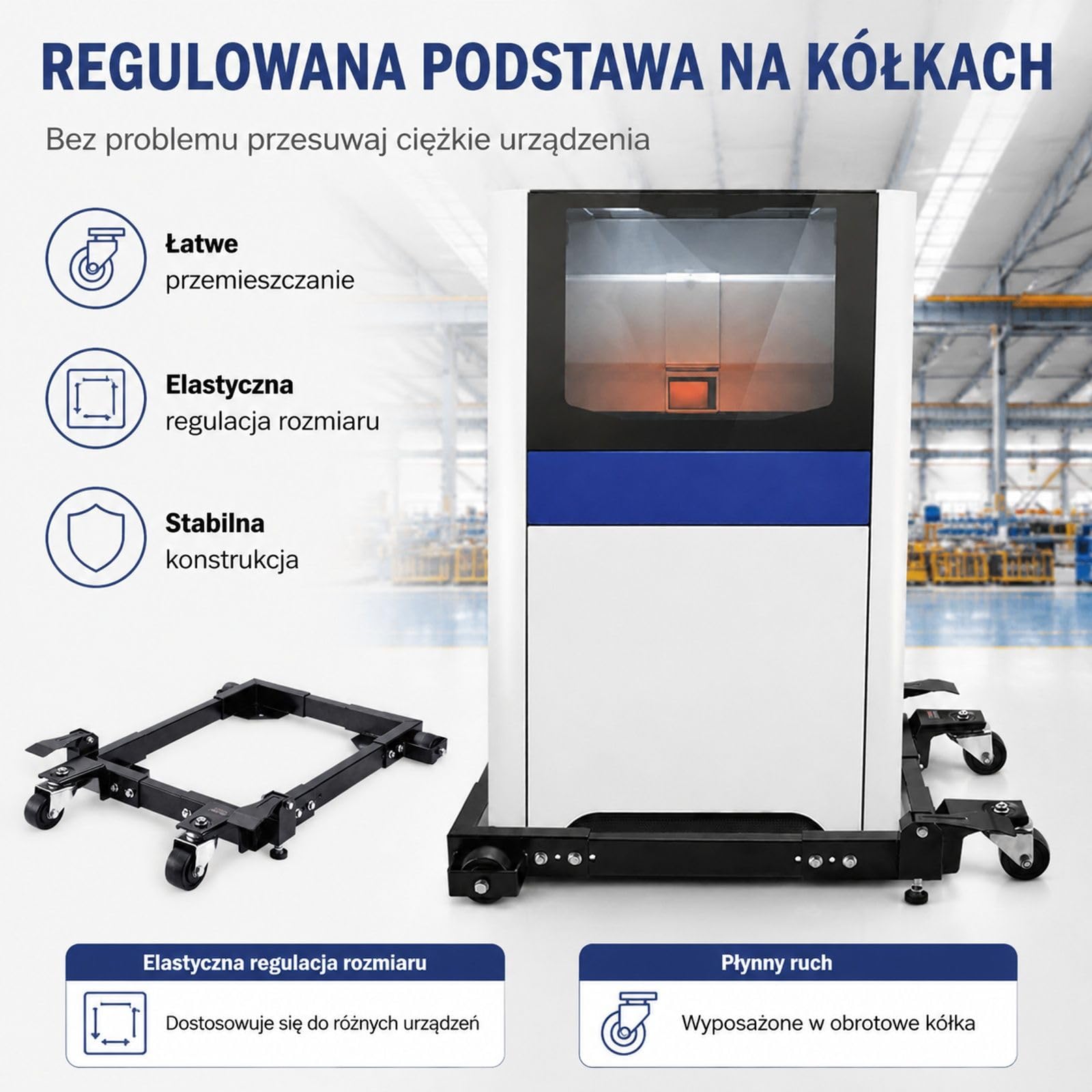 Rolki transportowe do mebli z regulowaną podstawą mobilną i kółkami do szafek, urządzeń oraz warsztatu