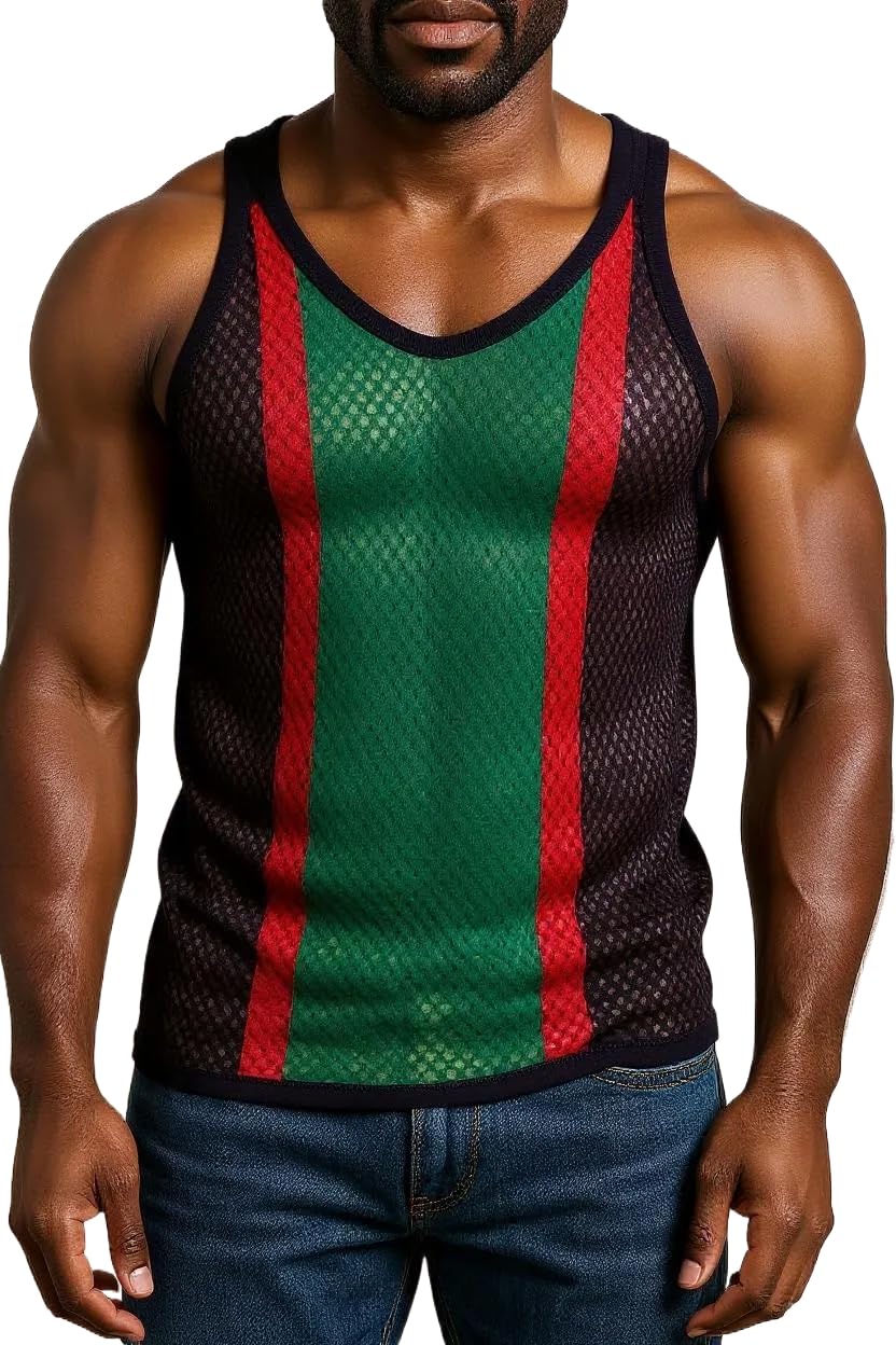 Rasta Africa String Vest for Men and Women.Jamaica Fishnet Mesh Sleeveless Muscle Vests in African Colors for Gym Workout Tops Muscle Shirts