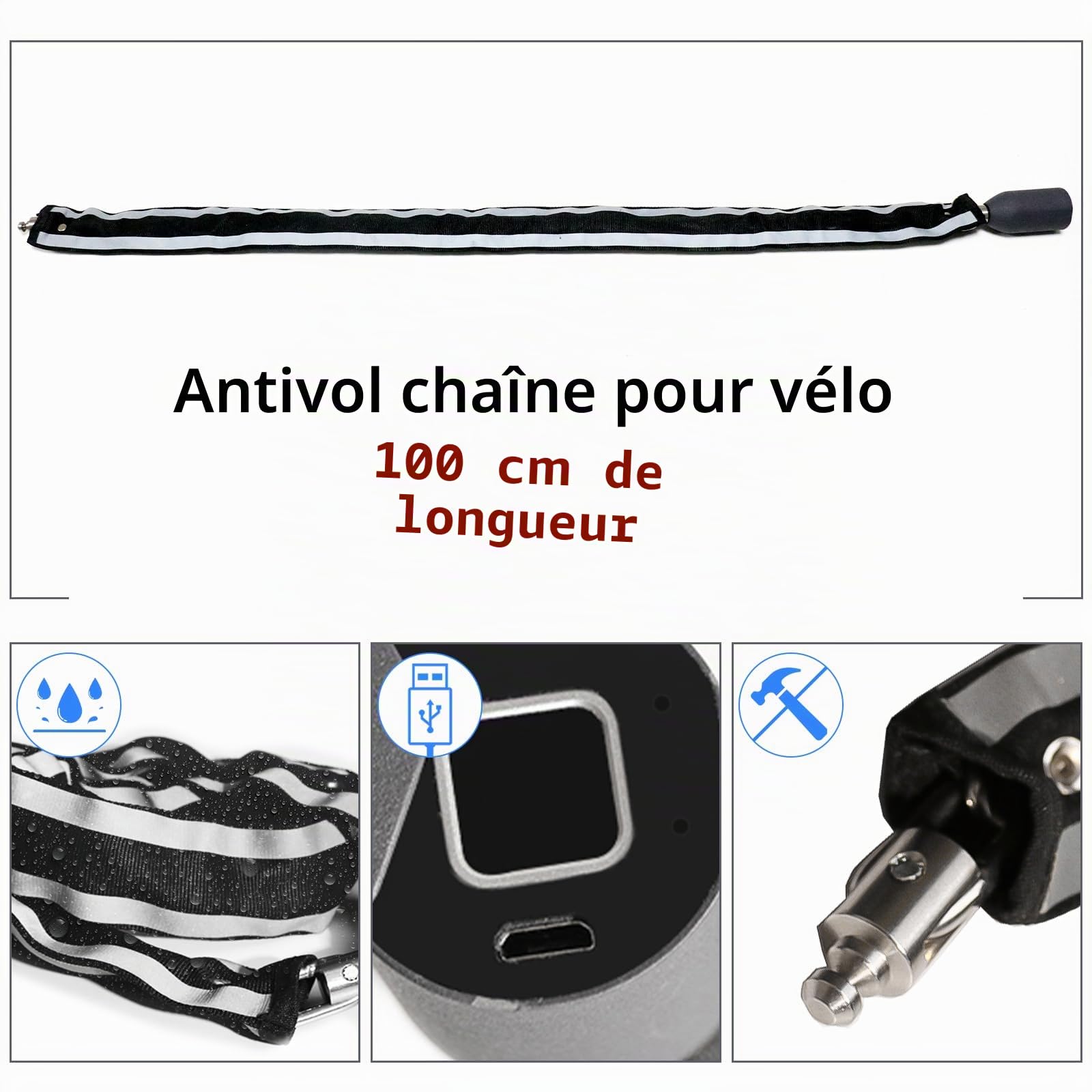 Antivol à chaîne électronique eLinkSmart pour vélo avec empreintes digitales et application d'empreintes digitales Longueur 100 cm Étanche Câble antivol sans clé Déverrouillage autorisé à distance