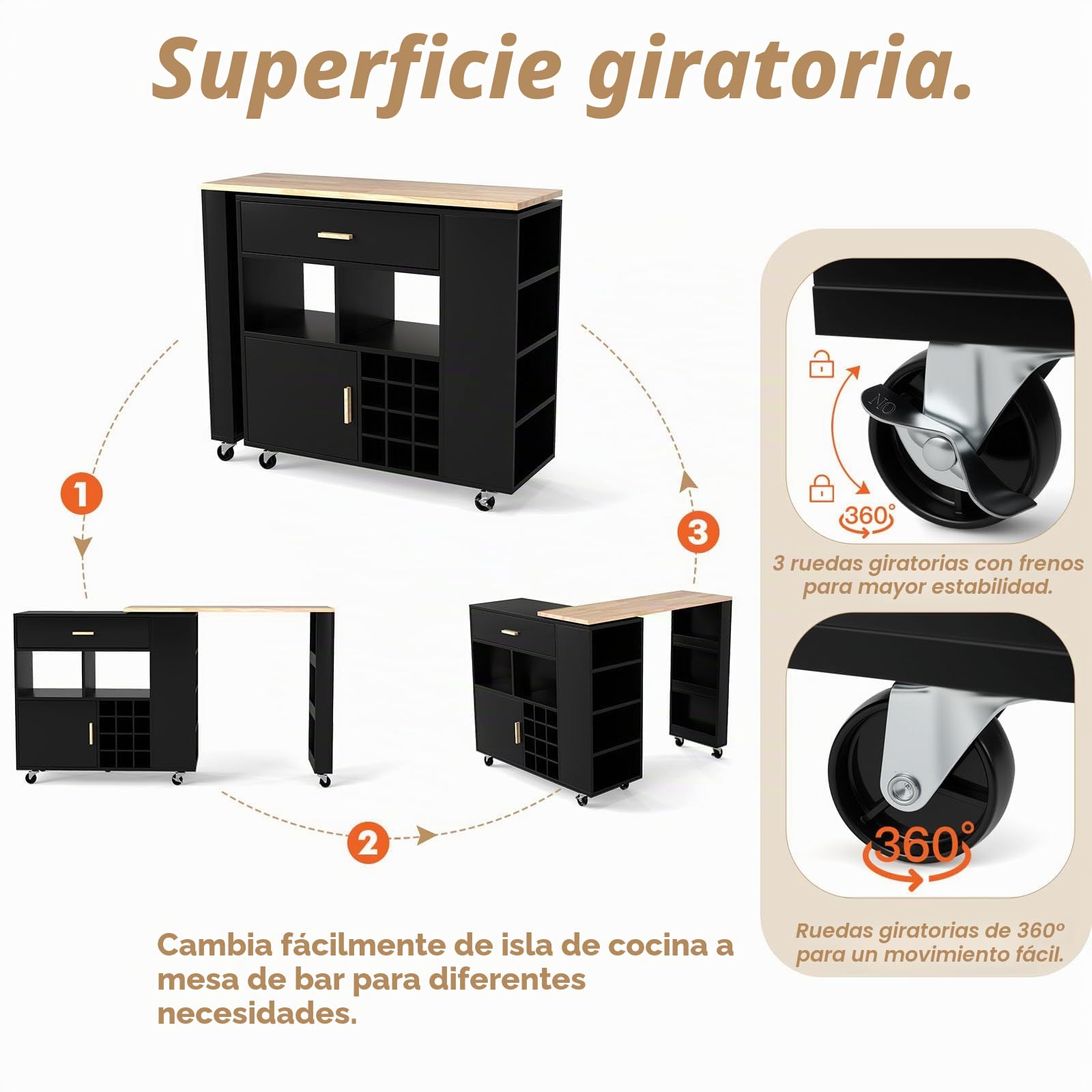 KOMFOTTEU Carro de Cocina con Encimera Giratoria, Isla de Cocina con Cajón, Botellero para 12 Botellas de Vino, Carrito Auxiliar con Estante Ajustable, Mueble Buffet para Comedor, Bar (Negro)