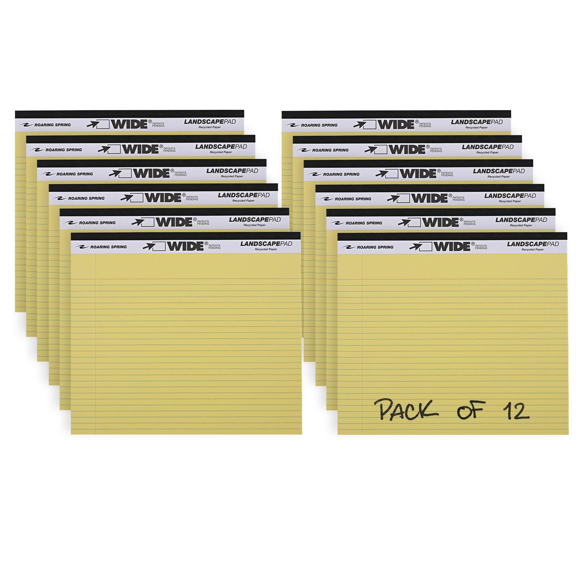 ROARING SPRING Wide Landscape Legal Pad, Canary Yellow, 12 Pads, 11" x 9.5", College-Ruled with Margin, 20 lb Recycled Paper, 40 Perforated Sheets, Made in USA