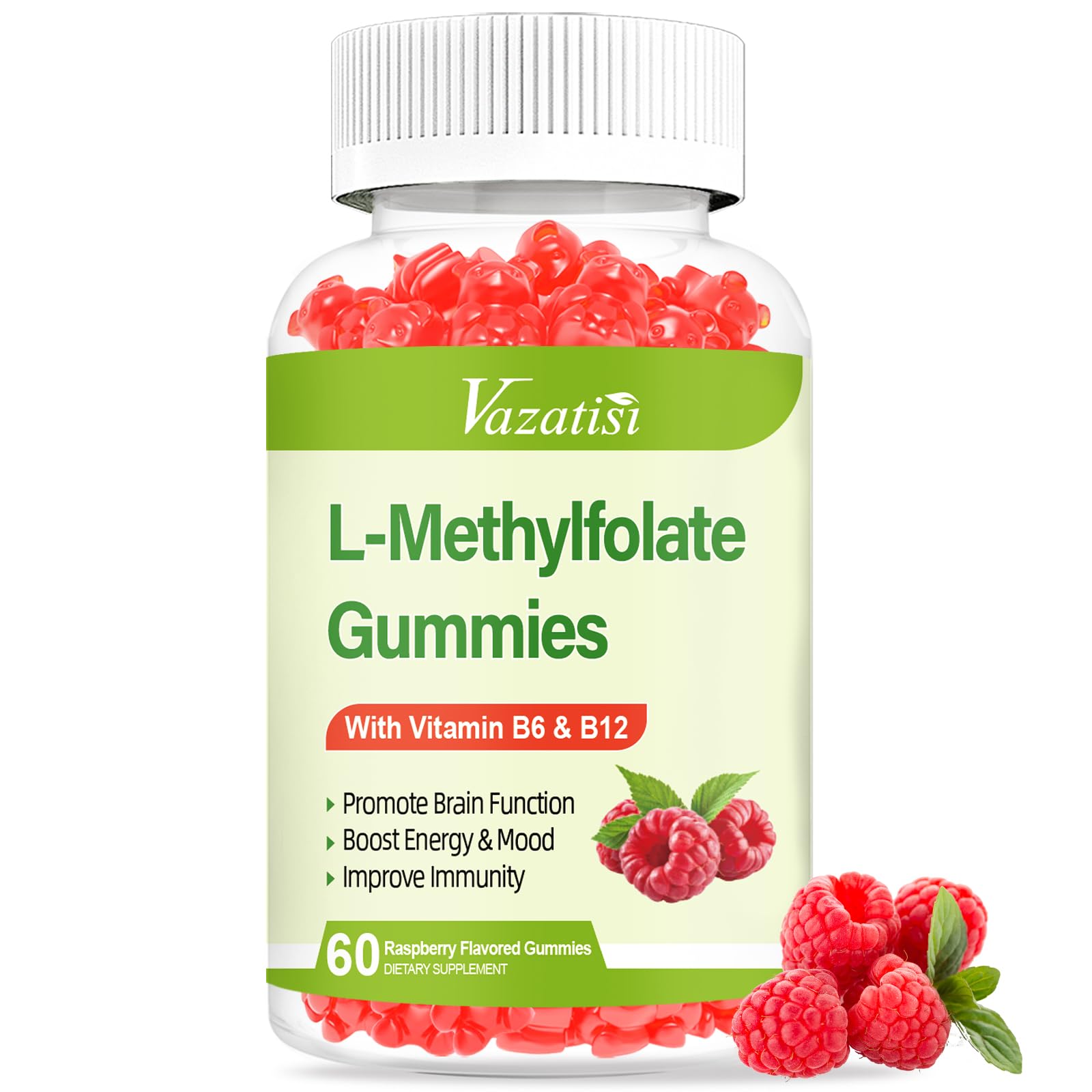 L-Methylfolate 15 mg Gummies with Methyl B12, Folate Supplement for Mood, Brain Health, Immune Support, Raspberry Flavor, 60 Count