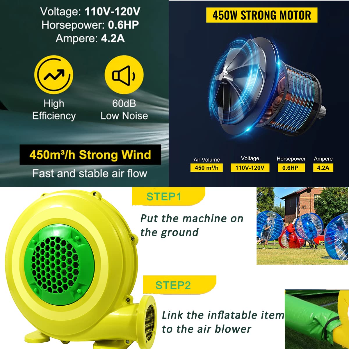 Ventilatore ad aria, 450 W gonfiabile gonfiabile, soffiatore gonfiabile commerciale, perfetto per castelli gonfiabili gonfiabili, scivoli d'acqua, castelli gonfiabili e scivoli