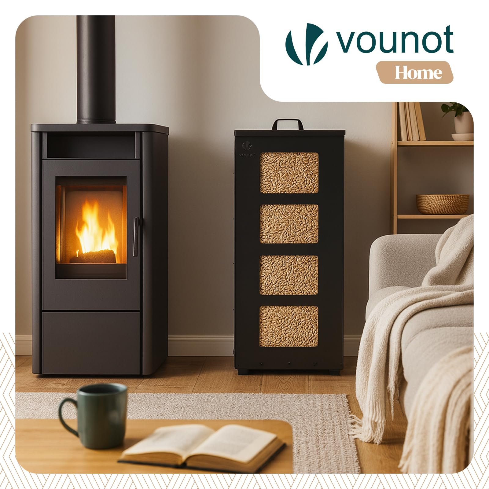 VOUNOT® Porta Pellet da Interno in Metallo con Ruote da 45 kg, Contenitore Pellet con Setaccio Rimovibile e 4 Indicatori Trasparenti di Livello, Scatola per Stufa a Pellet, 36×36×76 cm, Nero