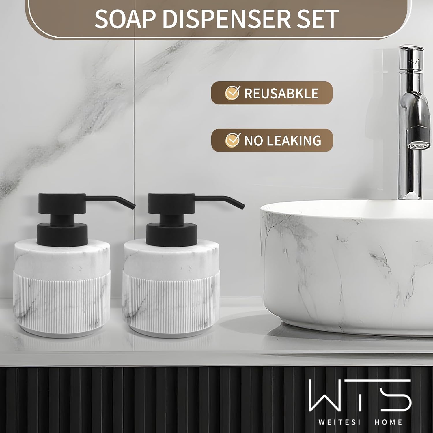 2pcs/Set 12.5oz Marble White Hand Soap Dispenser Sets, Resin Liquid Soap Dispenser with Rust Proof Pump for Bathroom Countertop, Kitchen Refillable Liquid Bottle for Lotion, Body Wash