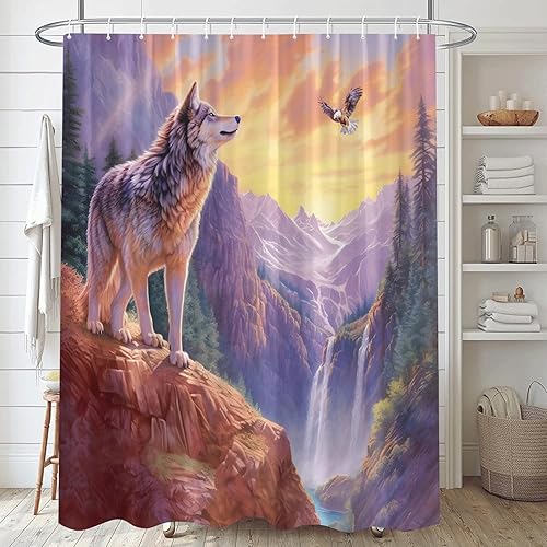 Miniatura 1 de Cortina de ducha con diseño de lobo del bosque, animales de fantasía, vida silvestre, águila de montaña, pájaros, lobos, acantilado aullador,
