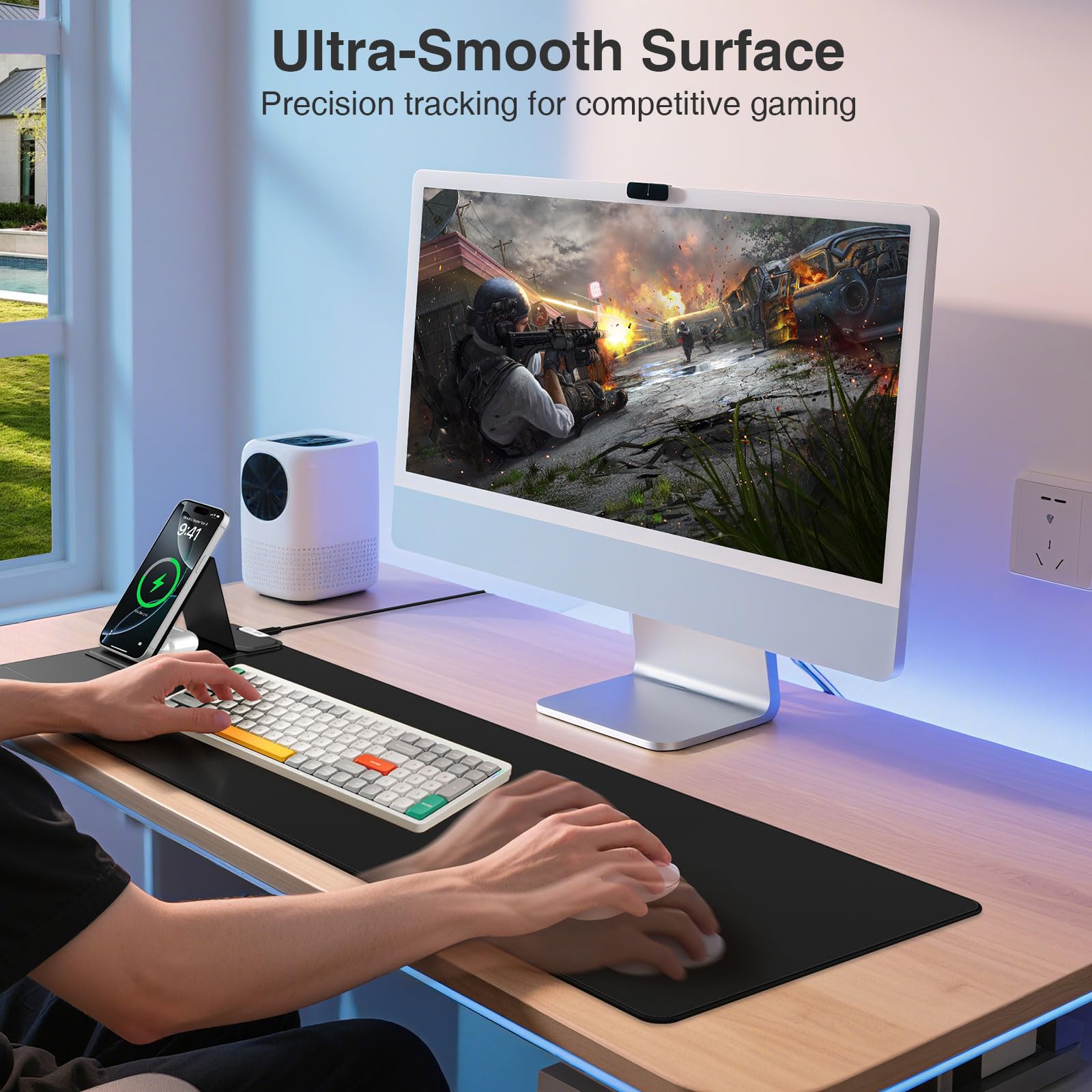Tappetino per mouse di ricarica wireless con supporto pieghevole per telefono, 69,8 x 30 cm, grande tappetino da scrivania per laptop/tastiera, superficie ultra liscia, base antiscivolo, nero