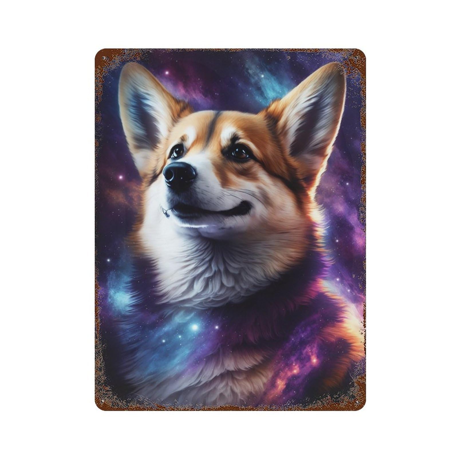 Aged Metal Wall Plaque with Cosmic Corgi Portrait-21 Design 15.7"x11.8", for Shed, Workshop And Garage Wall Decor, Decorative Metal Wall Art