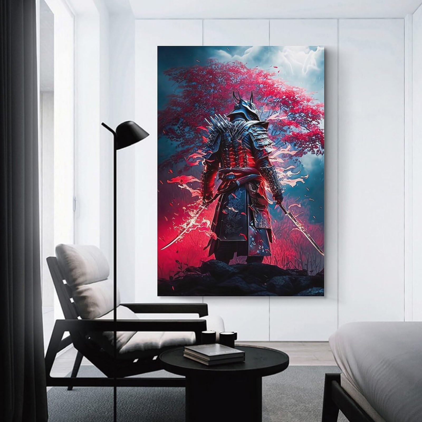 Junmoney Unframe-Style-13 Decorative Wall Artwork Samurai Warrior With Red Flames, 24X36inch(60X90cm), For Sofa Walls, Lounge Or Home Corners, Modern Wall Decor For Cosy Interiors