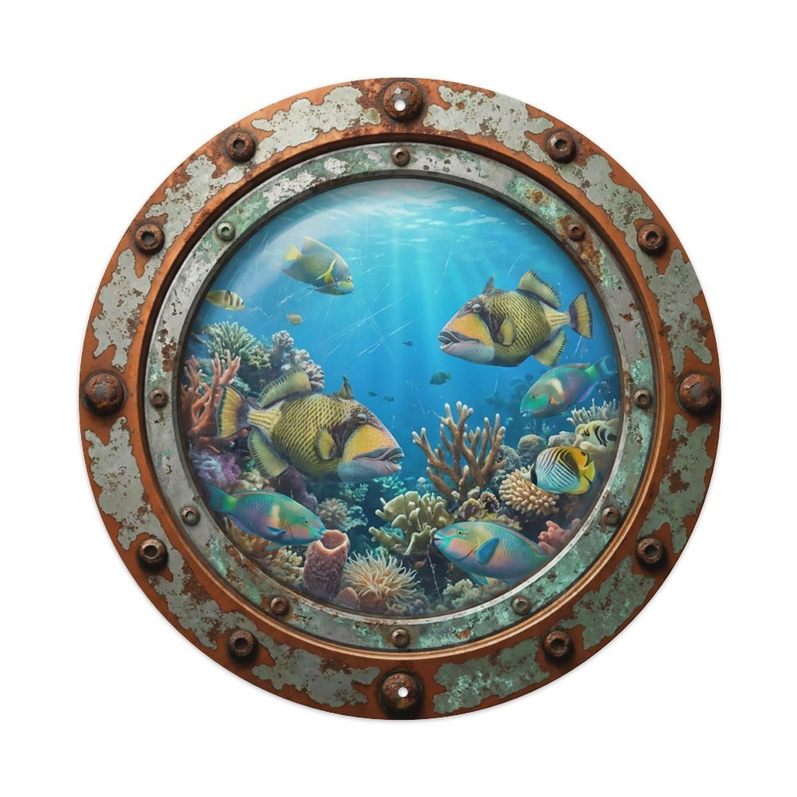 Odgynaw 8X8inch(20X20cm) Vintage Porthole Triggerfish Nautical Window View Metal Tin Sign