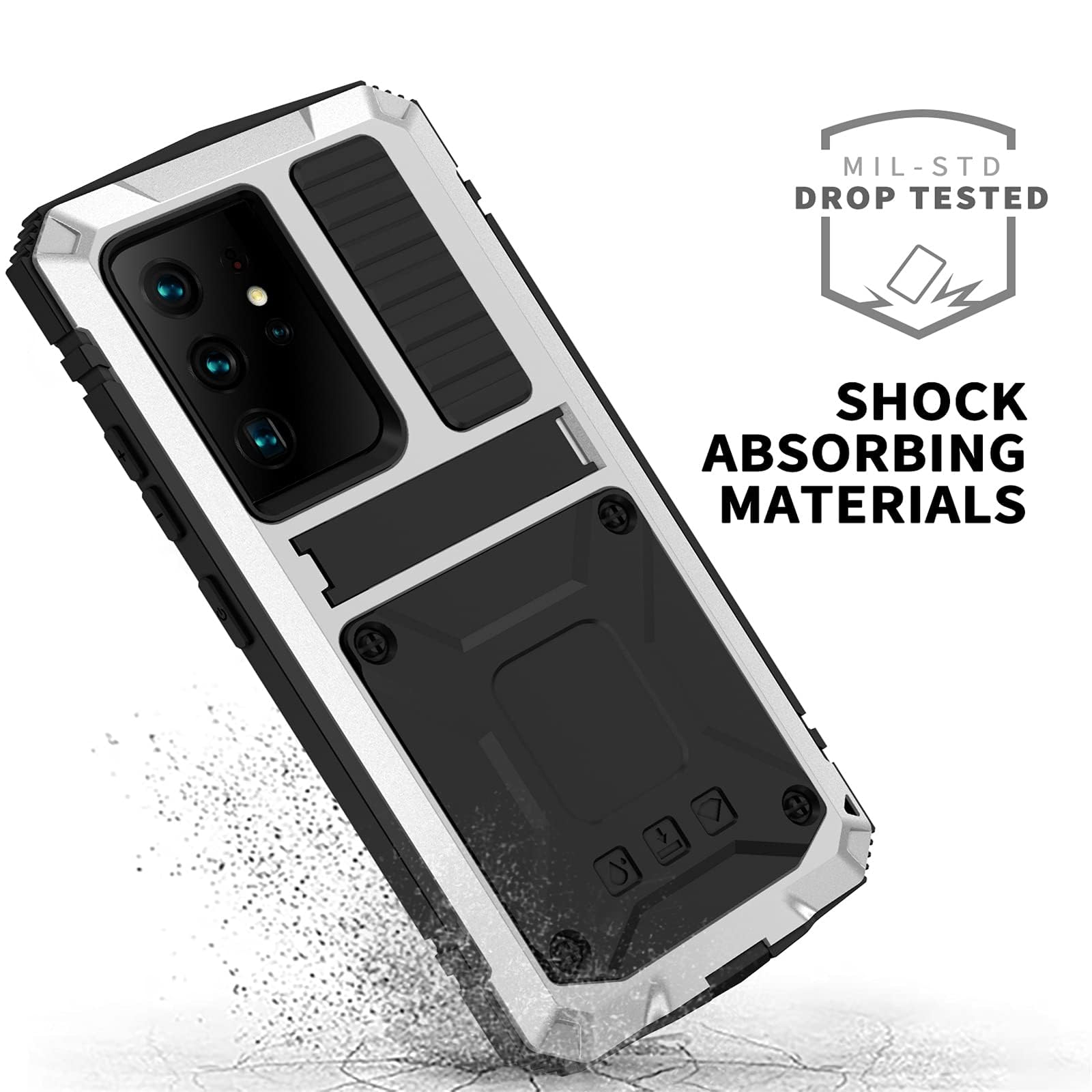 Etui z podpórką do Samsung Galaxy S25 Ultra/S25 Plus/S25, wytrzymała osłona ekranu, kompleksowa obudowa, odporna na wstrząsy metalowa obudowa, srebrna, S25