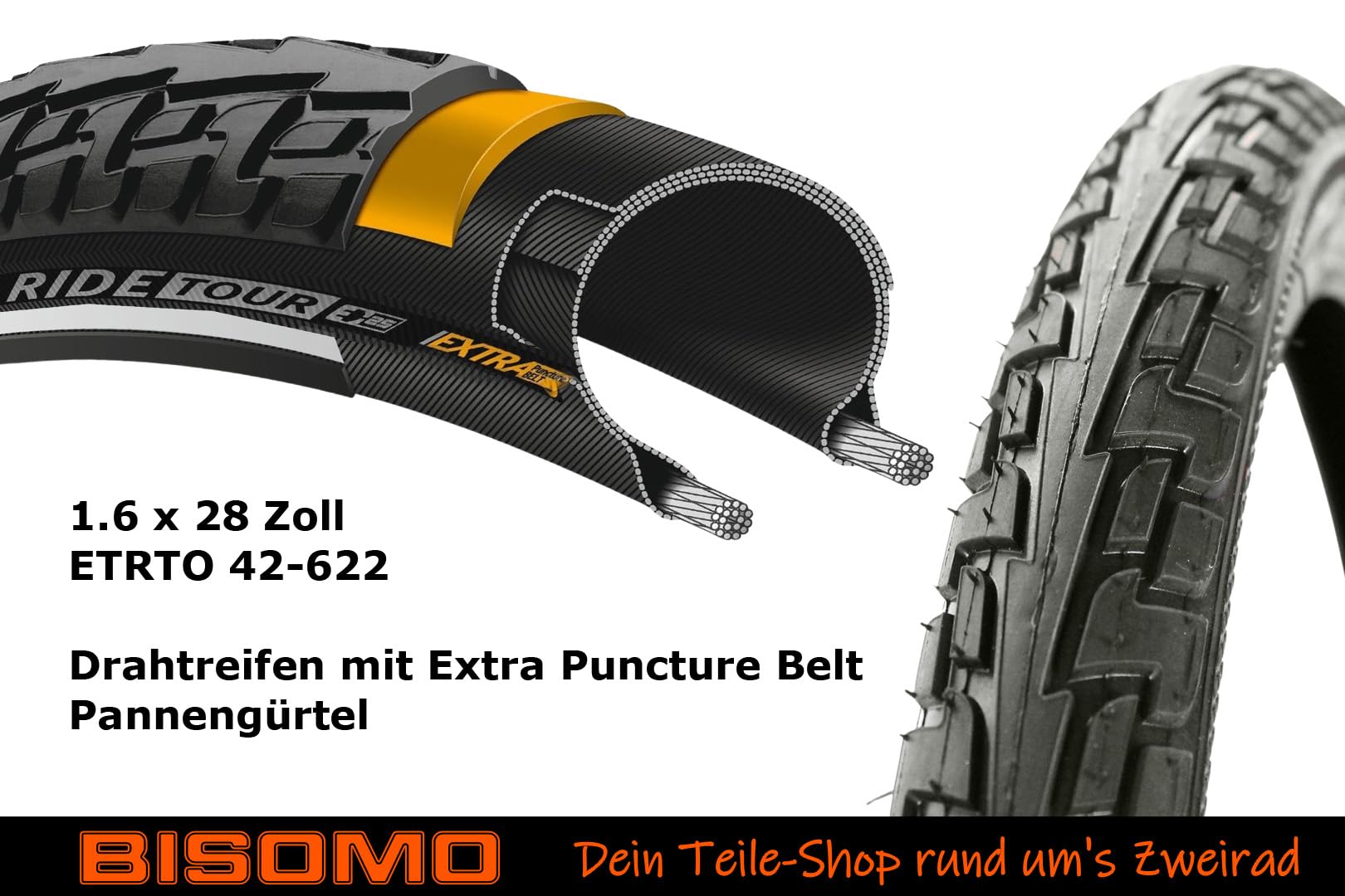 2X Fahrradreifen Continental Ride Tour 1.60 x 28 Zoll, 42-622, Pannengürtel Puncture Belt + Schlauch AV/DV/SV Ventil oder ohne, auch E-Bike bis 25km/h