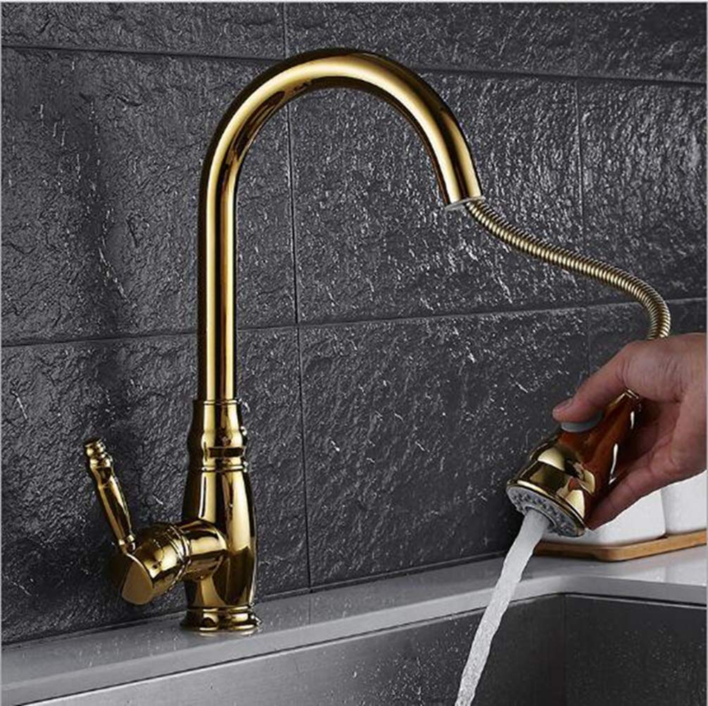 ZYCHSJXA Pull Out Black/Gold/Chrome/Brushed Nickel Kitchen Faucet Gold 360 Degree Swivel Sink Mixer Tap Vanity Cozinha,Gold