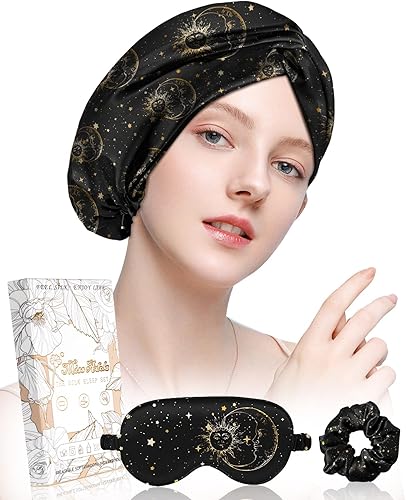Miss Adola Gorro de seda 100% morera para mujer, juego de dormir de 19 momme de seda natural para el cuidado del cabello con máscara de ojos y gorro