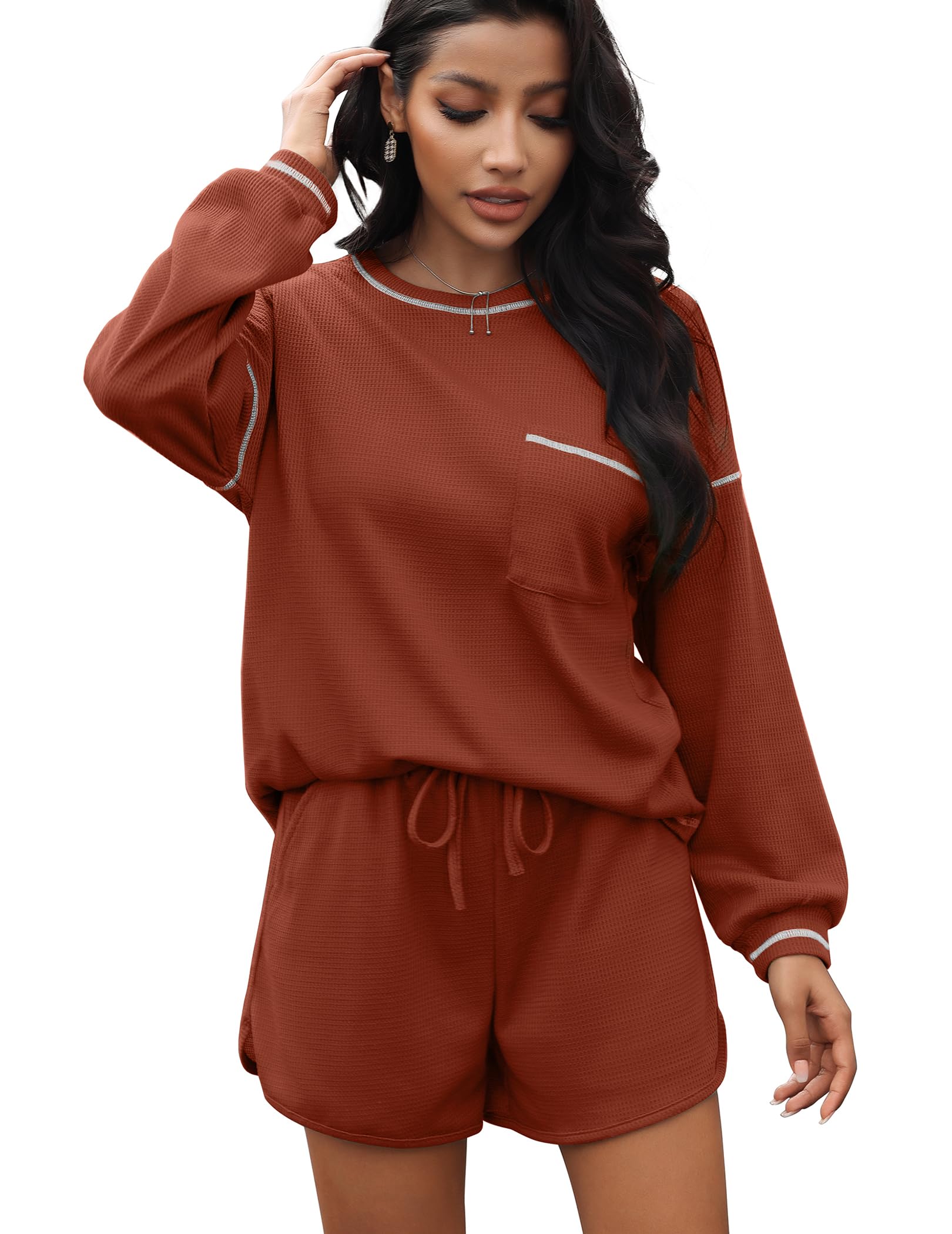 Andeip Women's 2 Piece Outfits Casual Loog Sleeve Waffle Tops and Drawstring Shorts Pants Lounge Sets