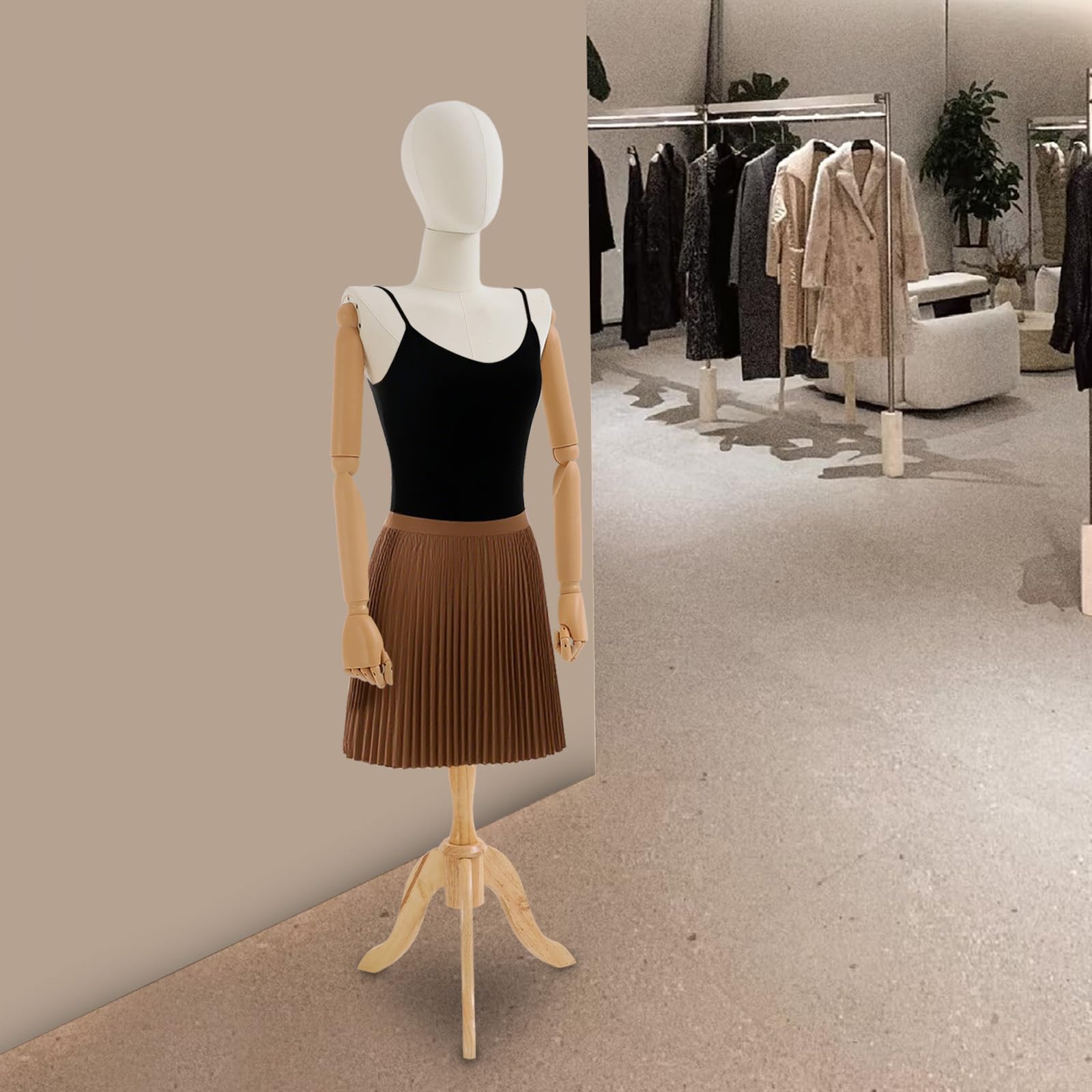 Weibliche Schneiderei Schaufensterpuppe Schneider Weibliche Schaufensterpuppe Torso Körper Fenster Hochzeitskleid Holz Arm halber Körper mit einem Leinenkopf Dreieck Halterung Basis höhenverstellbar
