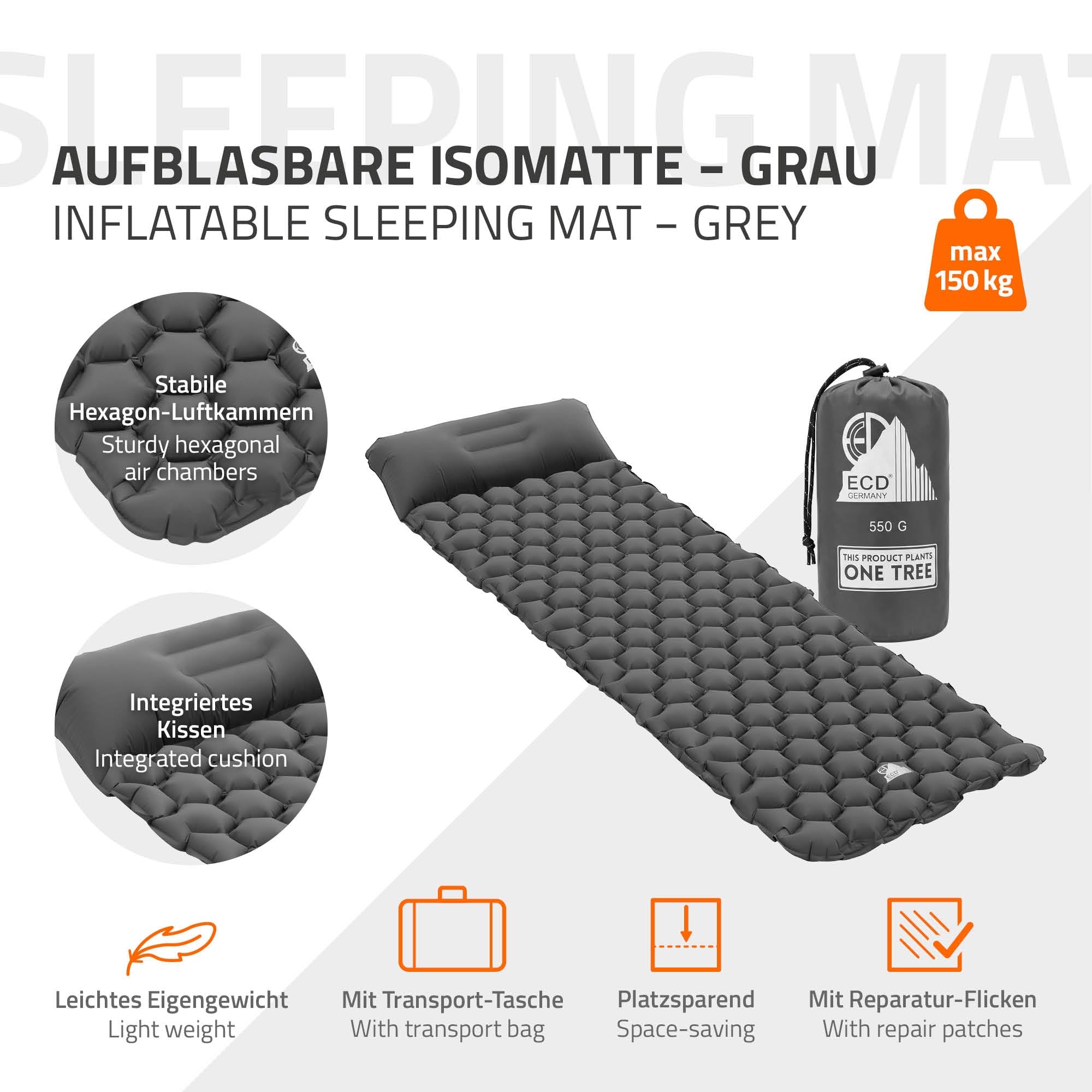 ECD Germany Colchoneta Camping Inflable Ultraligera, Esterilla Hinchable Portátil y Compacta con Almohada Integrada, Verde/Gris, Colchón Individual Plegable para Tienda de Campaña, Playa, Senderismo