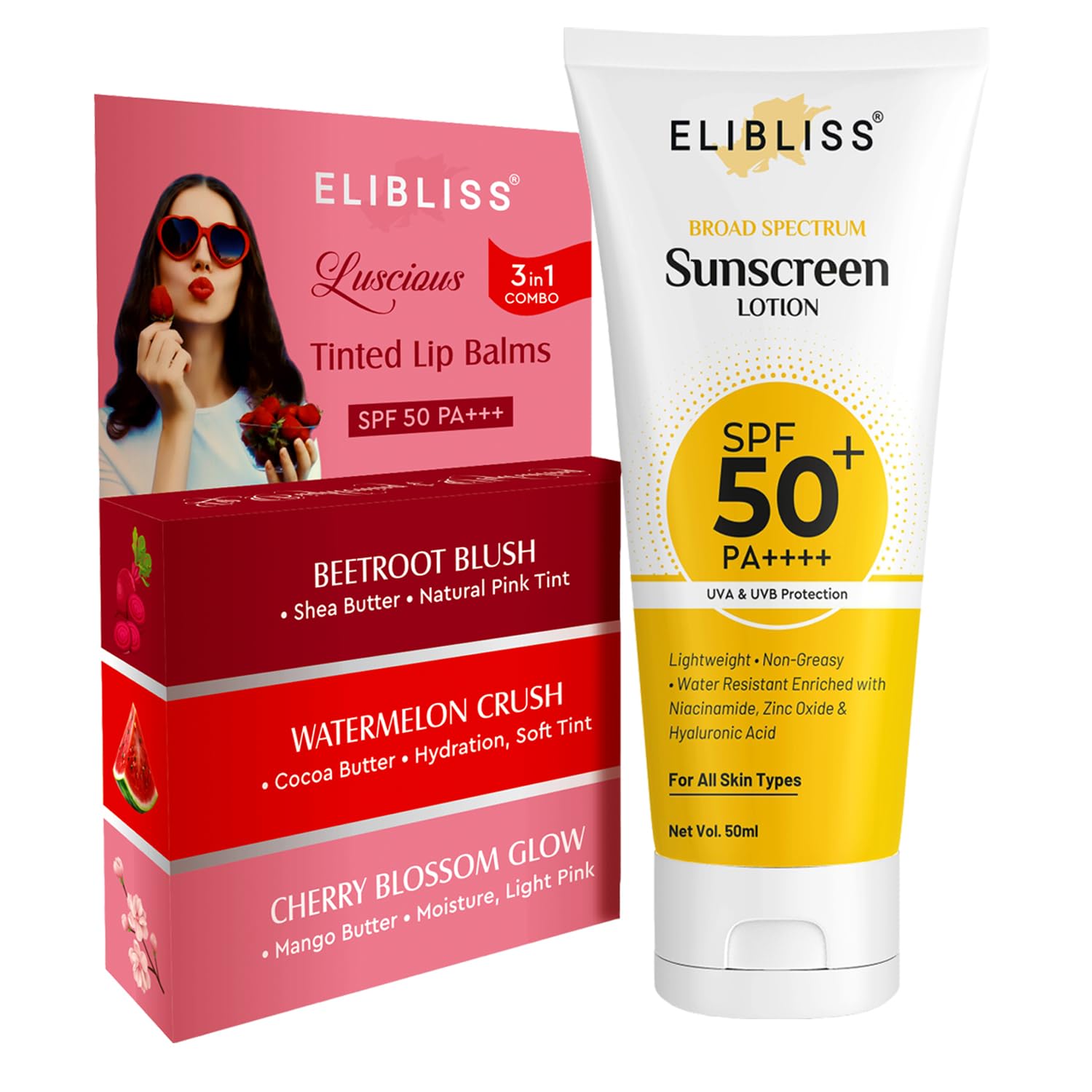 Elibliss All in One Face and Lip Care Combo | Broad Spectrum Sunscreen Lotion SPF 50+ PA++++ 50ml | 3 in 1 Tinted Lip Balm Set with Beetroot Blush, Watermelon Crush and Cherry Blossom 15g-image-20