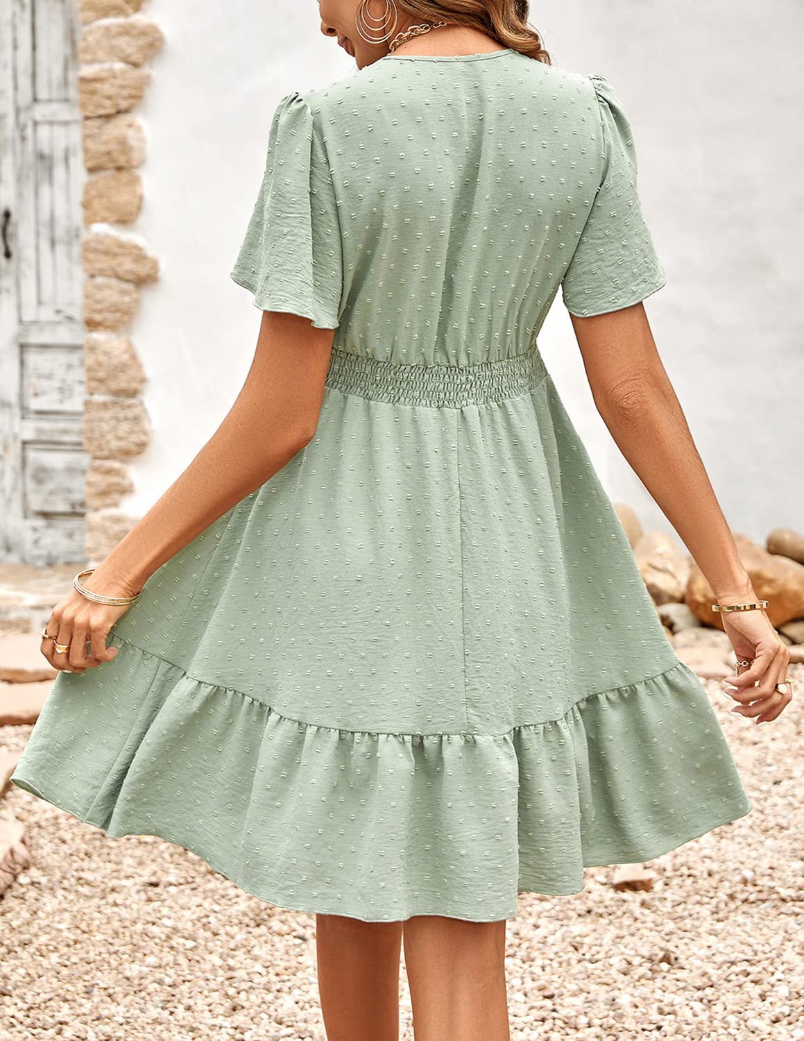 Femme Robe de Eté Col en V Elégant Pois Volants Taille Haute Manches Courtes/Longues Décontractée A-Ligne Mini Robes