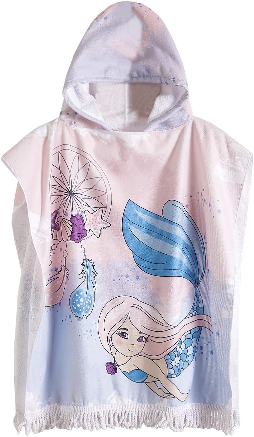 Kids Beach Towels - Hooded Bath Towel for Age 2-7 Years, Swim Pool Coverup Poncho for Toddlers Girls Boys Cartoon Animal (1-Dream Catcher Mermaid)