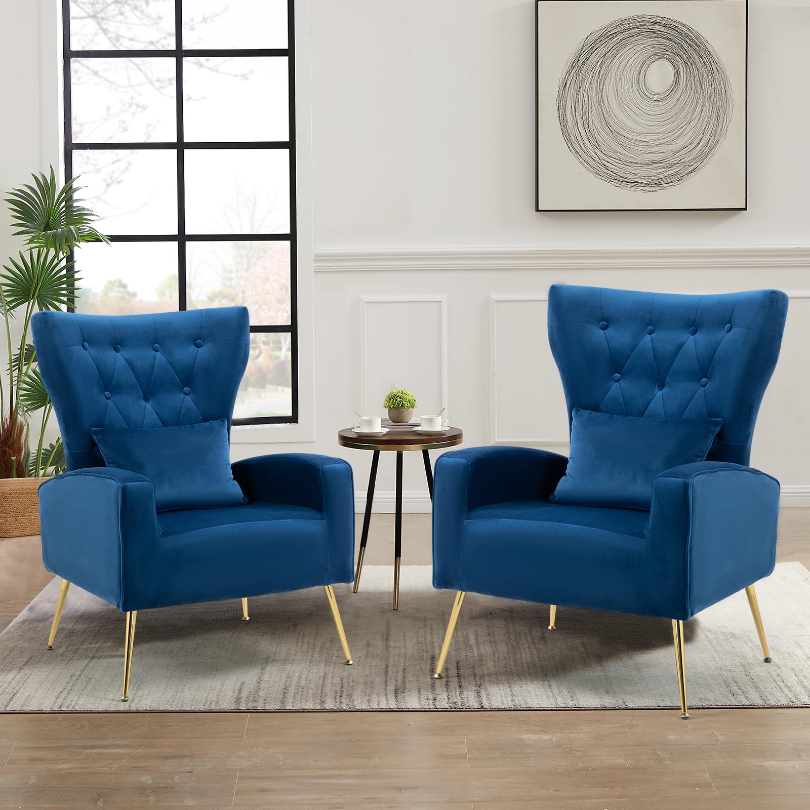 ZJhome Button-Tufted Living Room Chairs Set of 2, WingBack Velvet Accent Chair Armchair with Lumbar Pillow, Bedroom Chairs Vanity Chair Arm Chair with