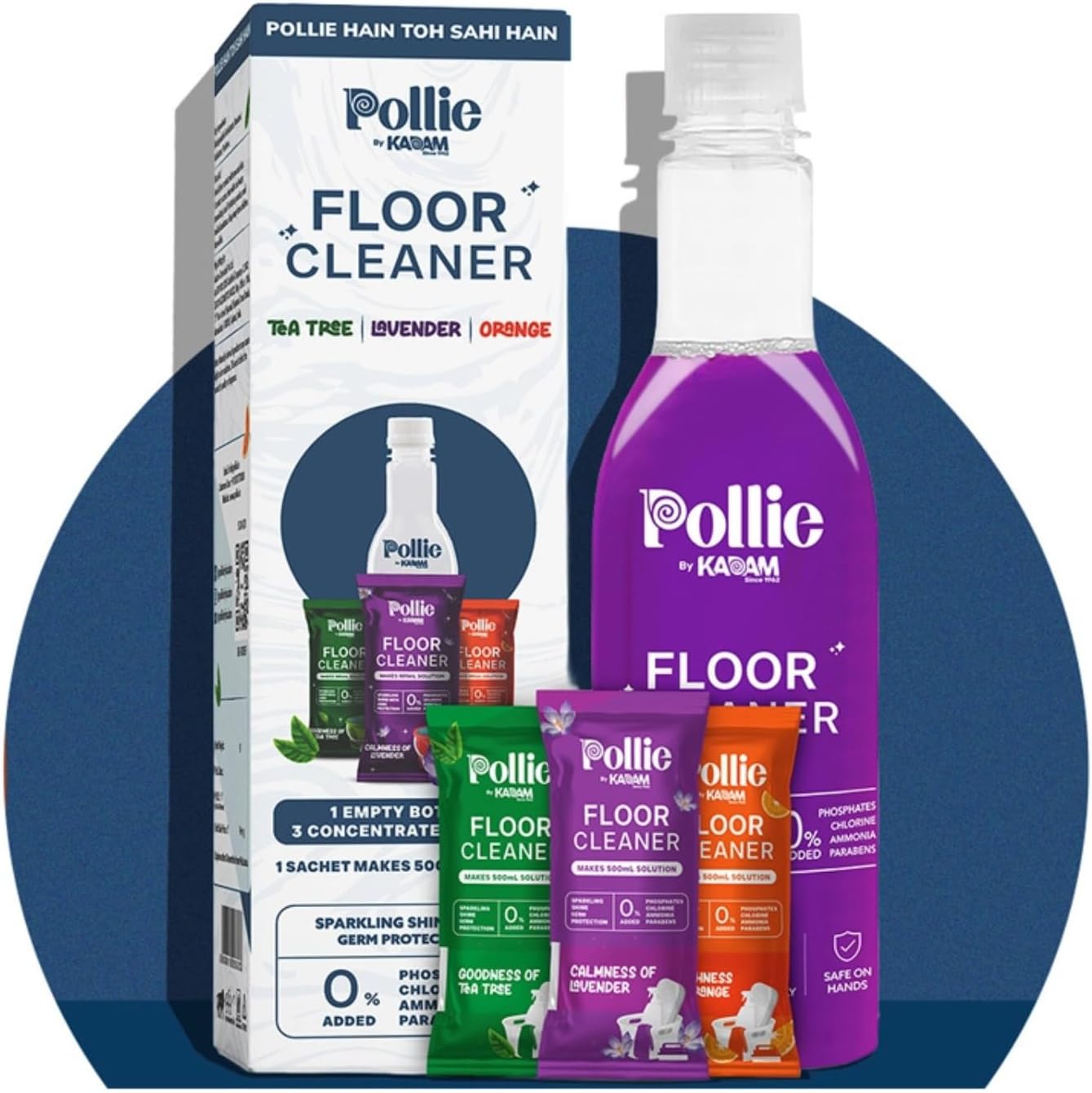 Pollie Floor Cleaner 1.5L | Multipurpose Surface Cleaner Bathroom, Tile, Marble | Kills 99.9% Germs, Eco-Friendly, Non-Toxic Formula | 1 Sachet Makes 500mL | Orange, Lavender, Tea Tree
