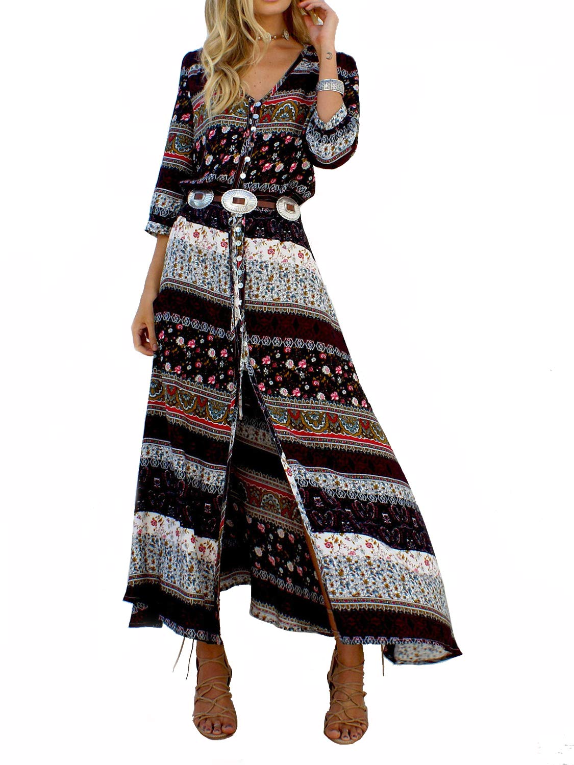 Yidarton Damen Sommerkleid Boho V-Ausschnitt Kleider Maxikleid Strandkleid Lang mit Schlitz