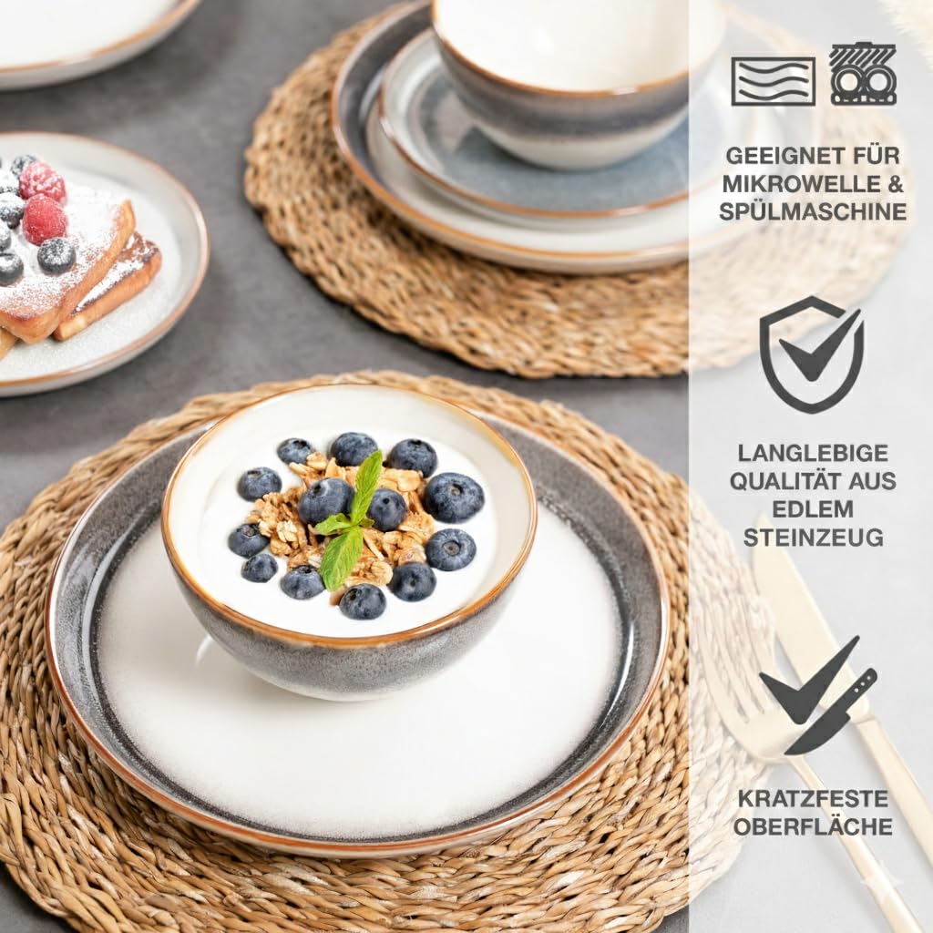 Moritz & Moritz TARENTO 48-tlg. Geschirrset 12 Personen Grau - Elegantes Teller Set aus hochwertigem Steinzeug - Geschirr Set aus 12x Dinnerteller, 12x Dessertteller, 12x Suppenteller & 12x Tassen