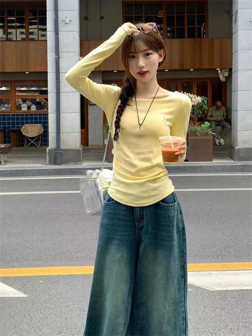Round Long Sleeve T-Shirt Women's Slim Fit Simple Basic Inner Yellow and Black Top Women's Clothing Chic