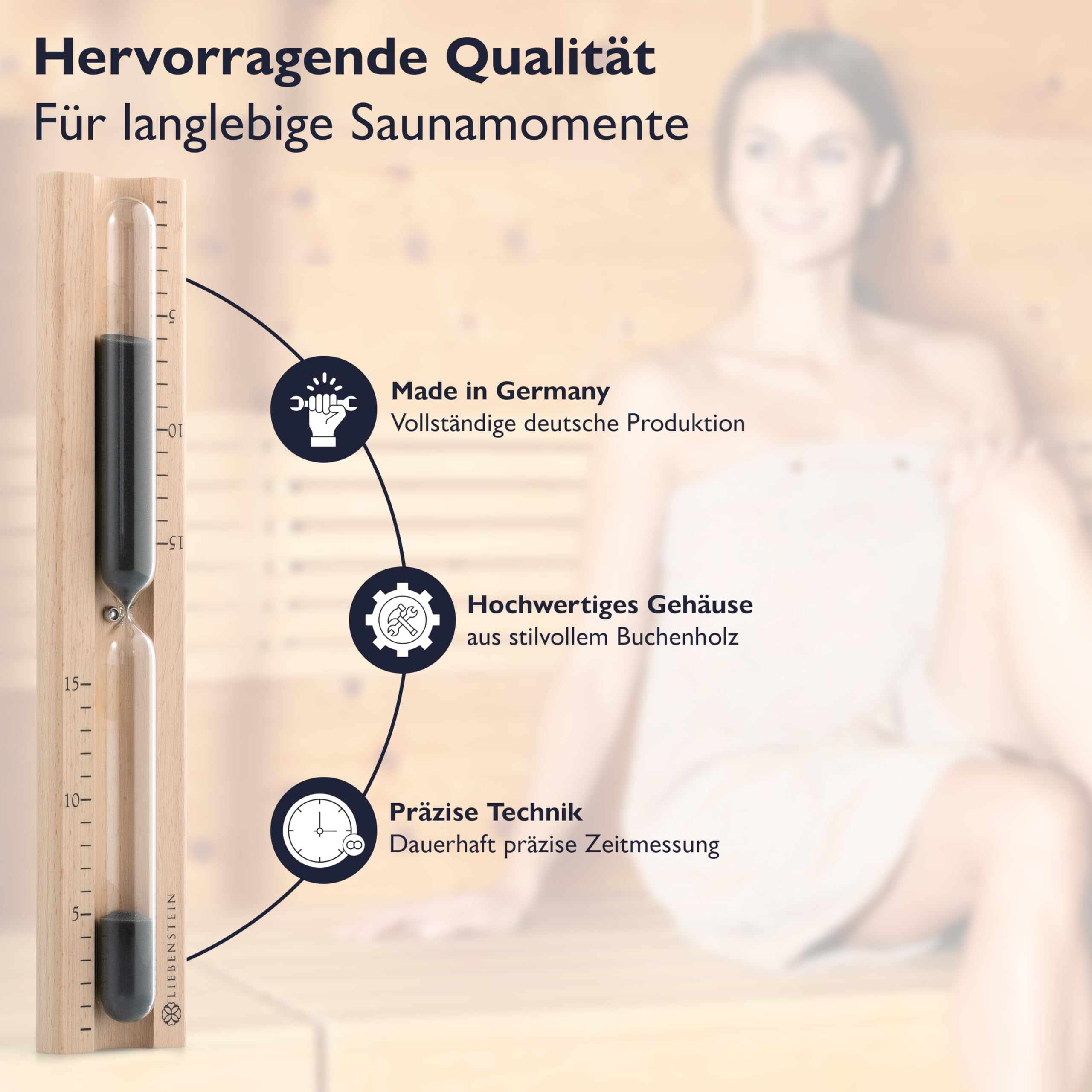 Liebenstein® Sauna Set - 4 teiliges "Komplettset" – Enthält Sauna Eimer mit Kelle [5L], Saunaaufguss Set (3 Düfte), Sauna Sanduhr und Sauna Hygrometer/Thermometer - Dein hochwertiges Sauna Zubehör Set
