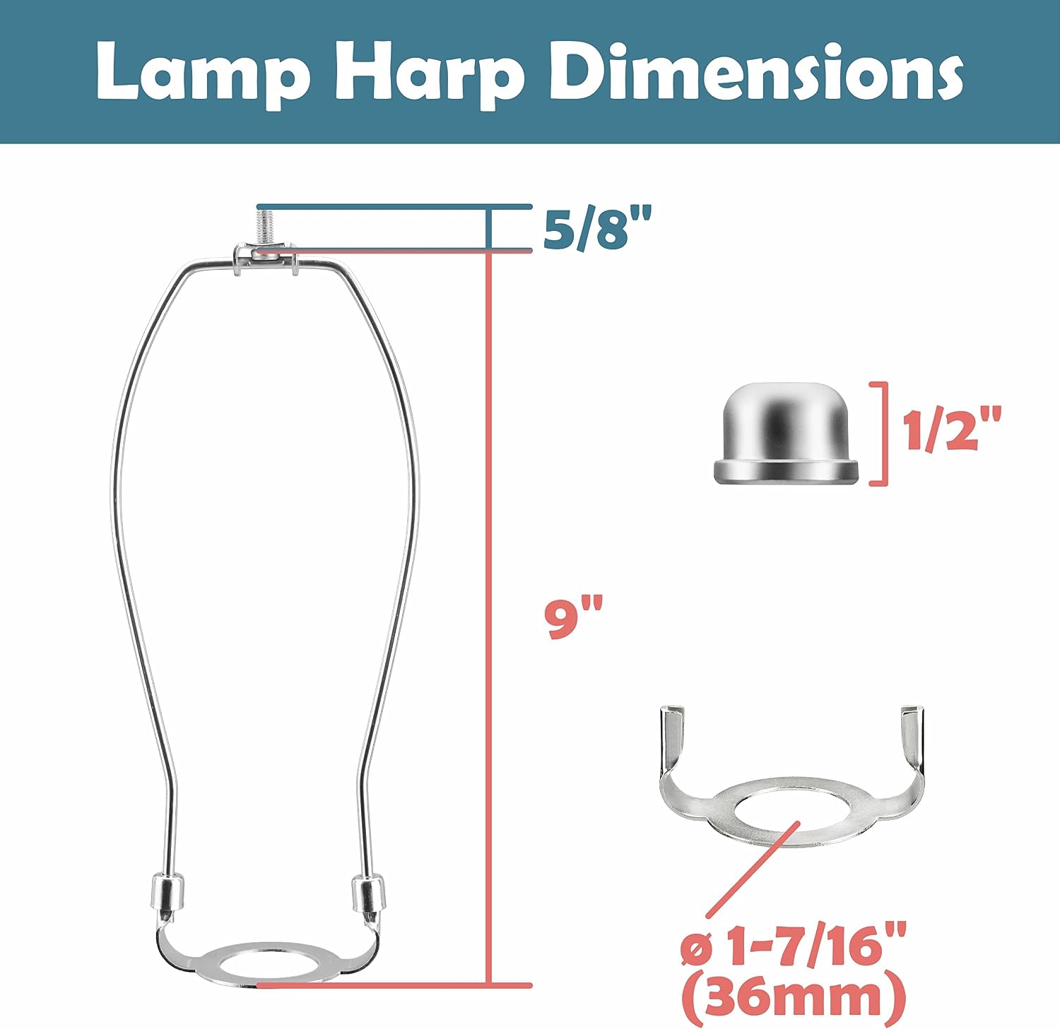 Aspen Creative 20033-22, 9" Lamp Shade Harp Holder with E26 UNO Fitter Adapter - Includes Solid Steel Finial/9" Harp and E26 36mm UNO Fitter in Satin Nickel Finish 2 Pack