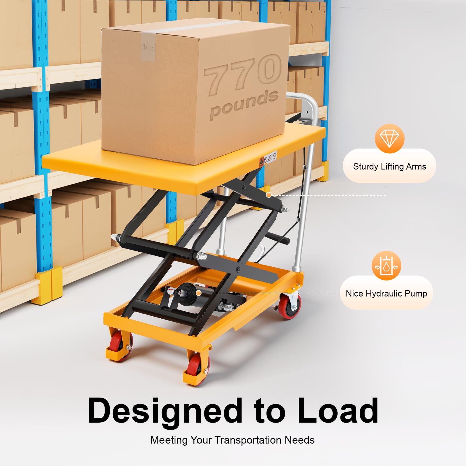 Carro de mesa de elevación hidráulica de capacidad de 770 libras, carretilla elevadora de material hidráulico de 51 pulgadas de altura de elevación, carro elevador de doble tijera con 4 ruedas para