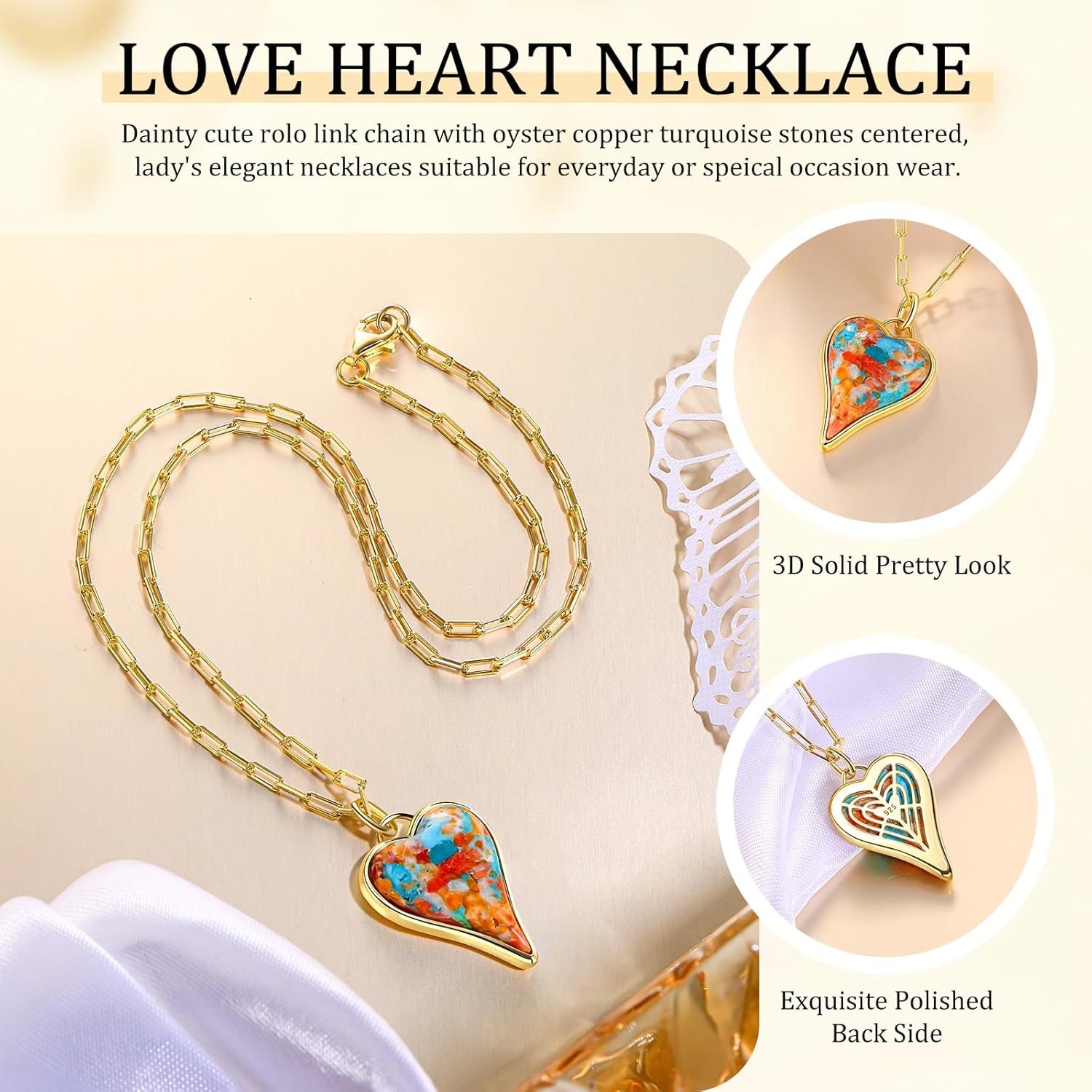 AIBAO Long Heart Necklaces for Women Rhodium plated Sterling Silver Paperclip Chain Necklace Turquoise/Coral/Malachite Pendant Western Jewelry - Image 3