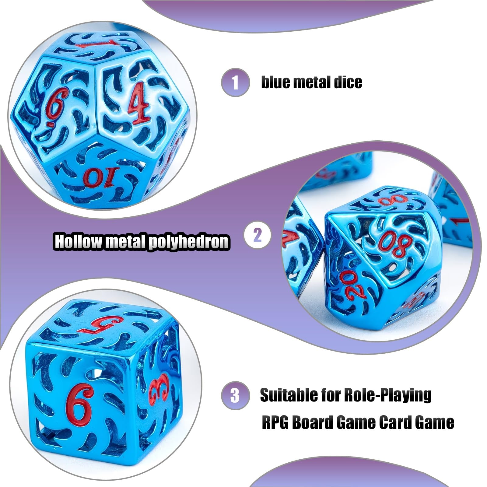 Ensemble de 7 Dés Polyédriques Creux en Métal Bleu, Compatibles avec Les Jeux de Rôle, Les Jeux de Société et Les Jeux de Cartes