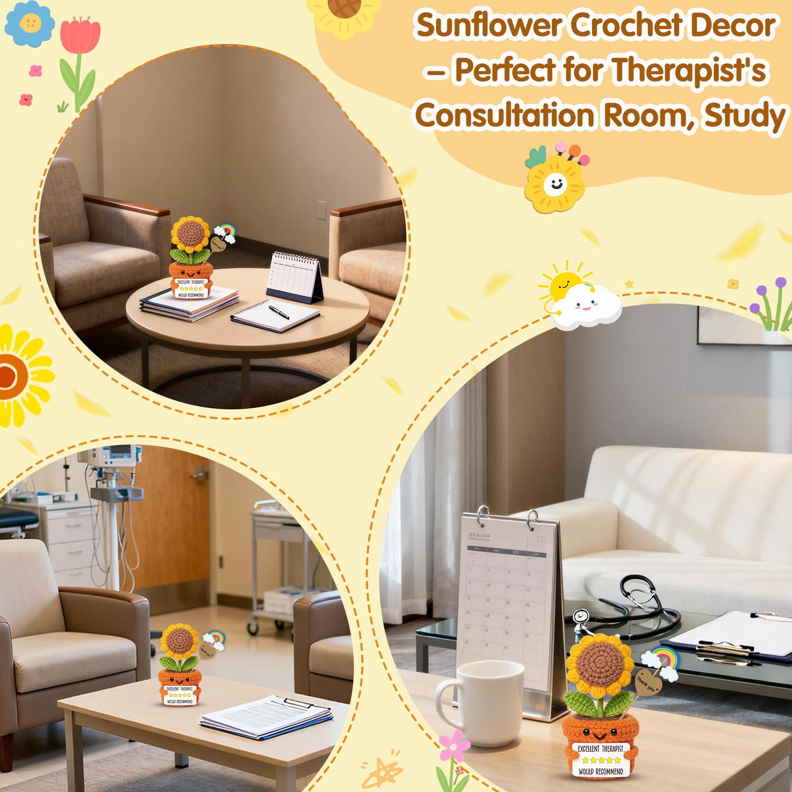 Funny Therapist Appreciation Gift, Handmade Crochet Sunflower Plush, Thoughtful Idea for Counselor Psychologist, Positive Desk Decor