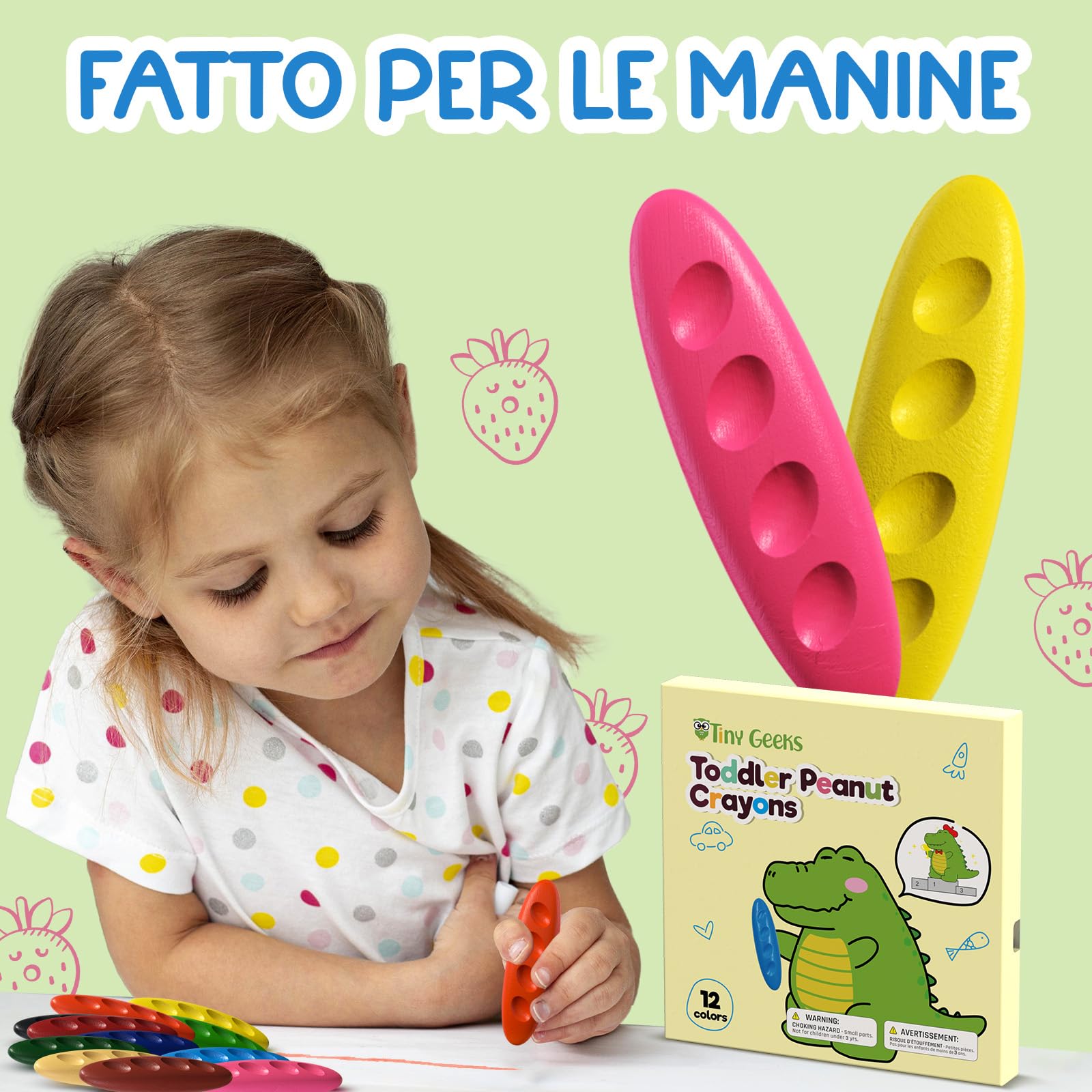 12 Pastelli Bambini 2 Anni + Forma Ergonomica Arachidi + Crayon per Bambini 1-3 Anni | Colori che non sporcano | Pastello a Razzo e Facili da Impugnare | Pastelli a cera