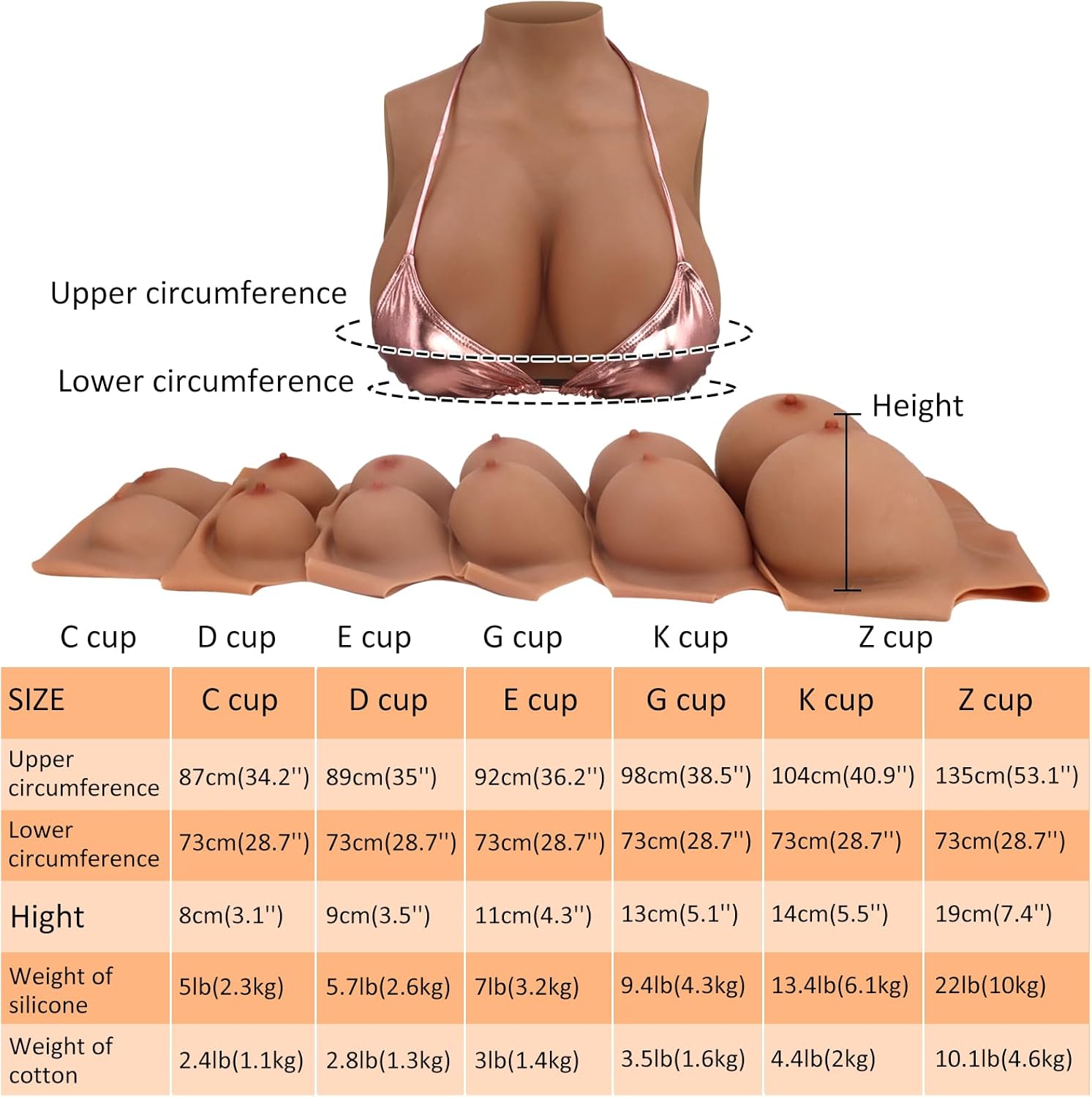 Silicone Breastplate for Crossdressers Drag Queens - Warm Brown Color, Full Cup Sizes C/D/E/G/K/Z