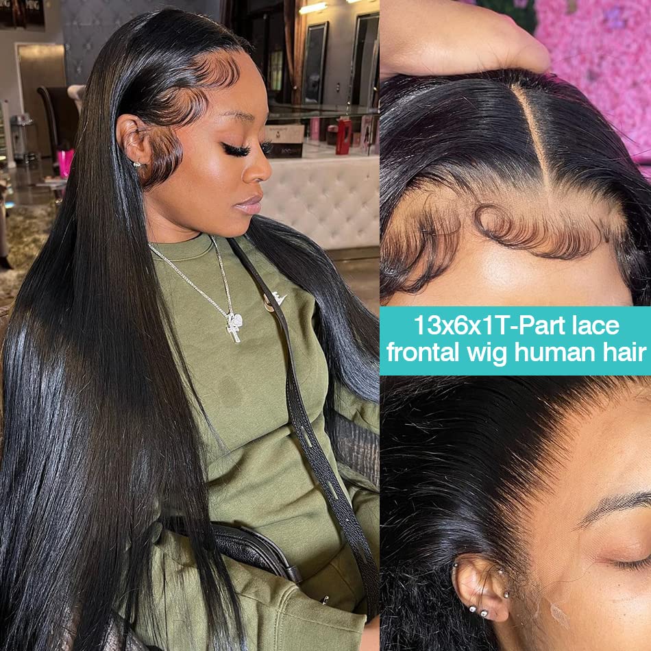 T Part Lace Front Human Hair Wigs 13x6 Transparent Middle Part Straight Lace Front Wigs for Black Women 150% Density Natural hairline (18 Inch)