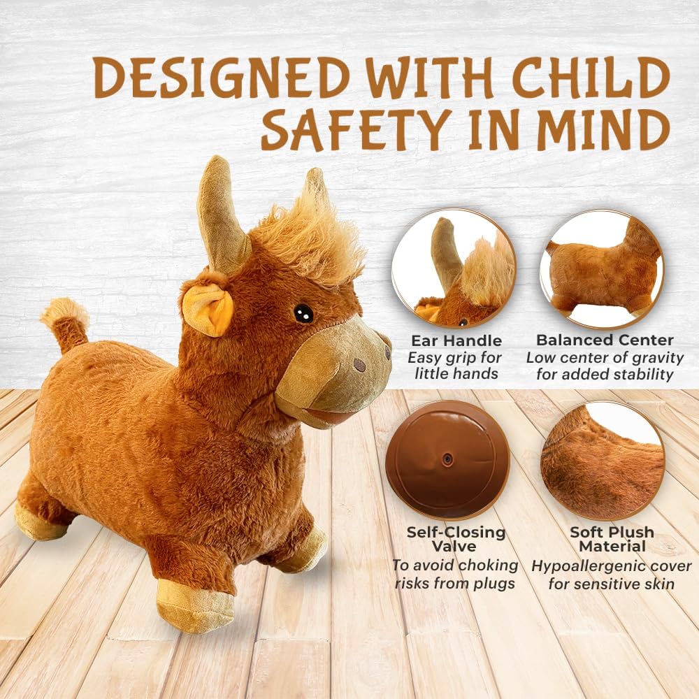 Plush Highland Cow Bull Bounce & Ride-on Inflatable Hopper Toddler Toy with Pump